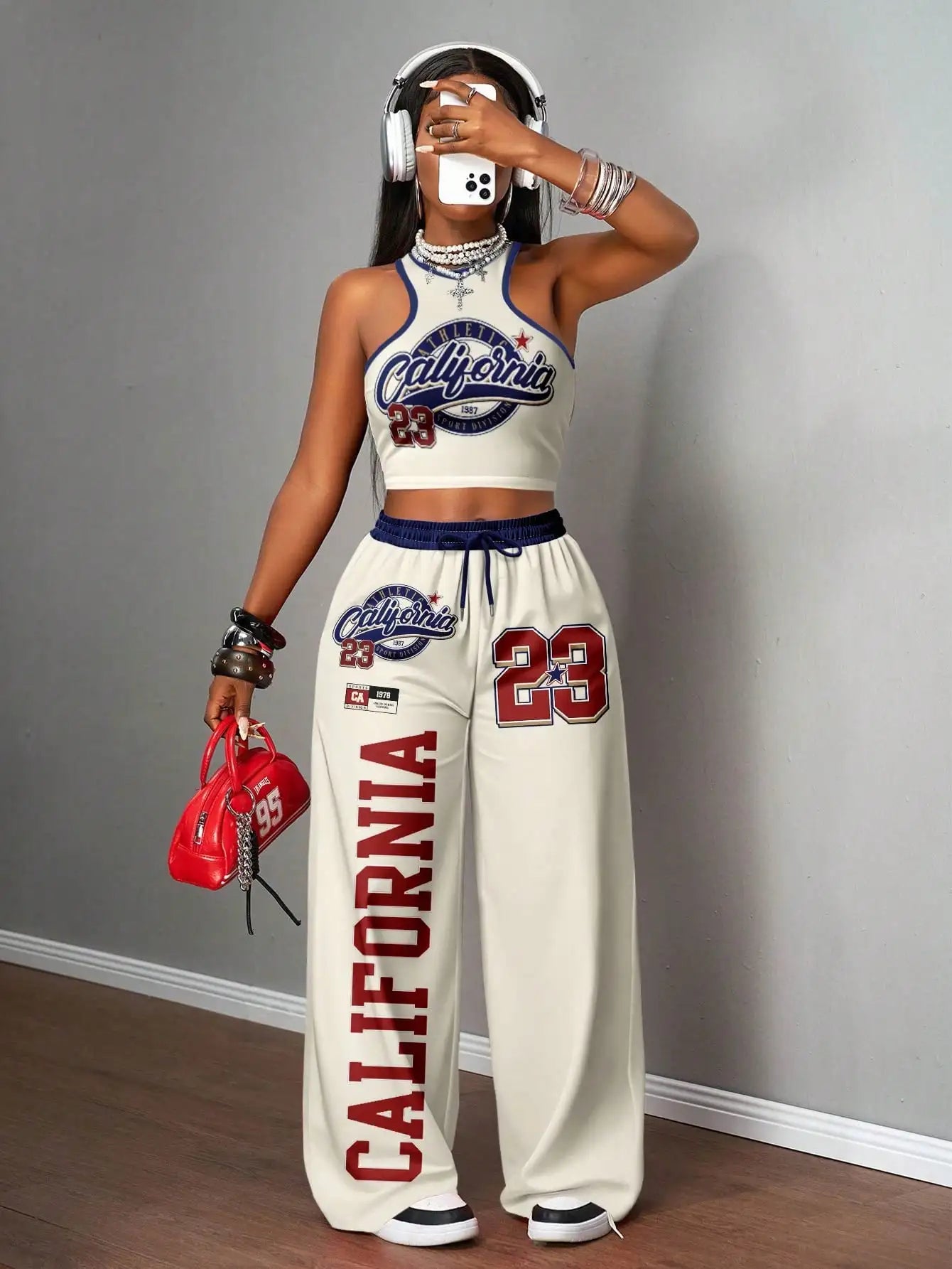 Women's California 23 Graphic Crop Top & Wide Leg Pants Set, Streetwear Casual Outfit