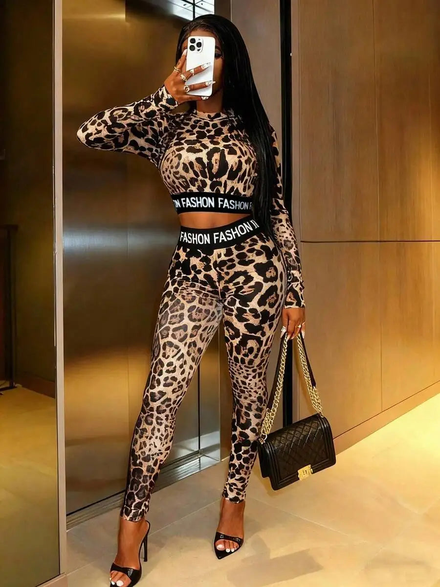 Leopard Print 2-Piece Women's Matching Set with 'FASHION' Waistband, Long Sleeve Crop Top & Leggings