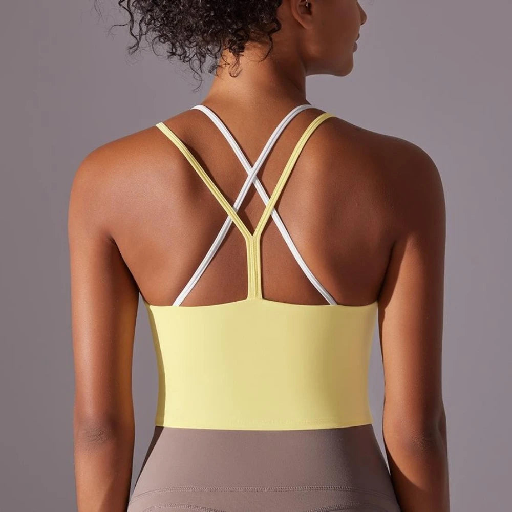 MIML Women's Cross-Back Double-Layer Nylon Sports Bra Color Block Sexy Running Fitness Yoga Activewear Underwear Crop Top