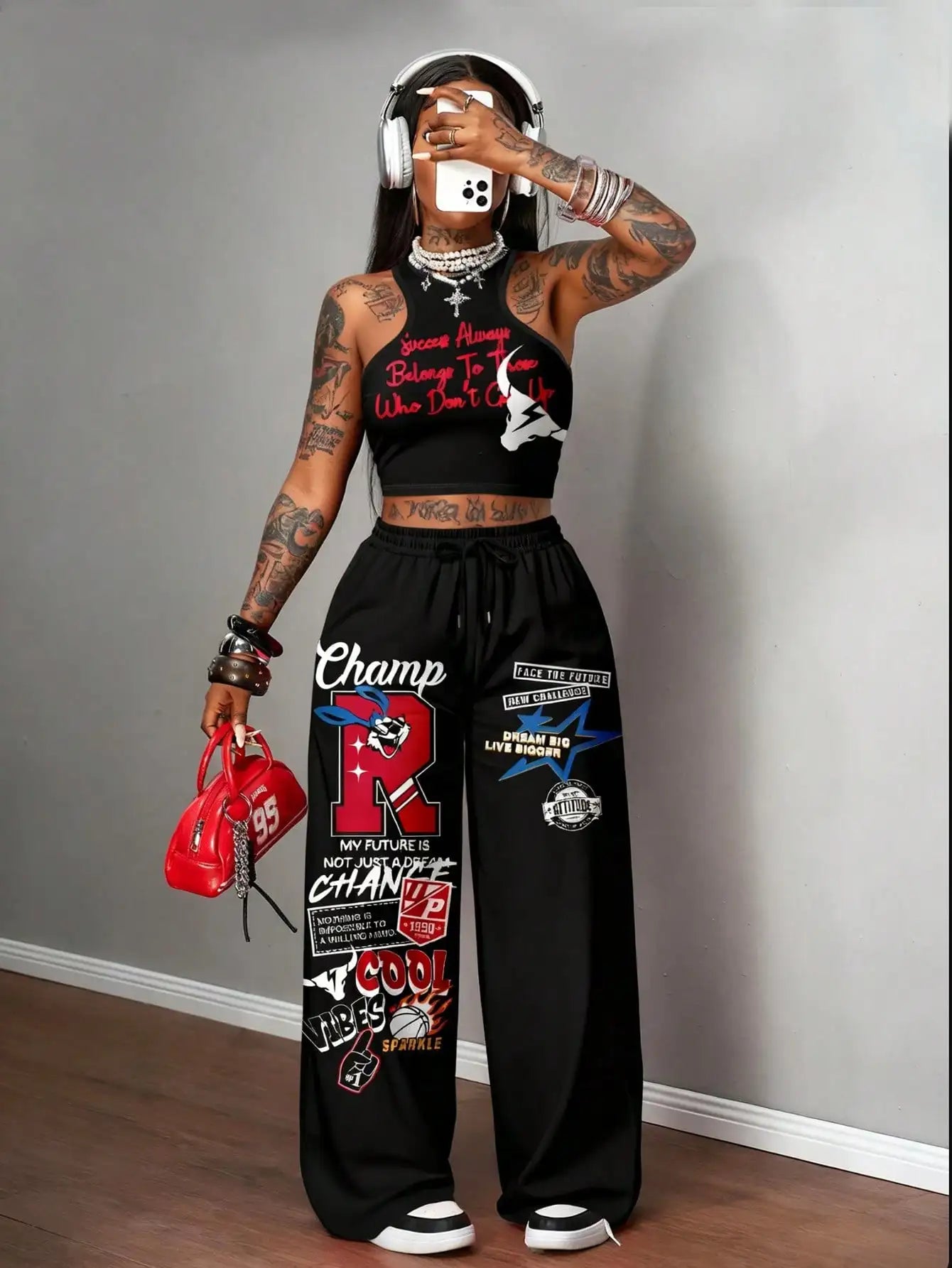 Slogan Graphic Racerback Crop Top & Wide Leg Pants Set for Streetwear, Y2K Style