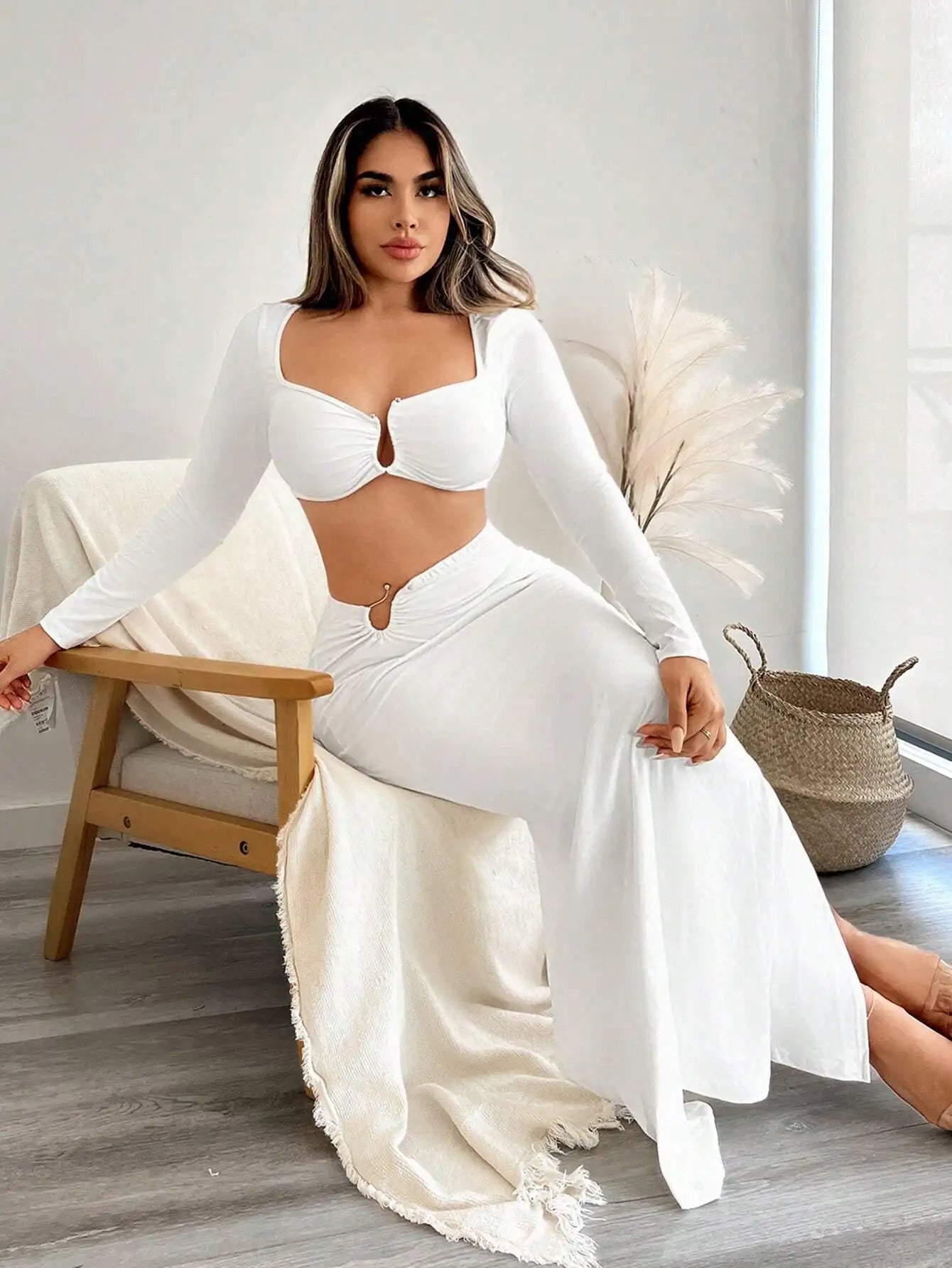 White Long Sleeve Crop Top & High Waist Wide Leg Pants Two Piece Set for Women