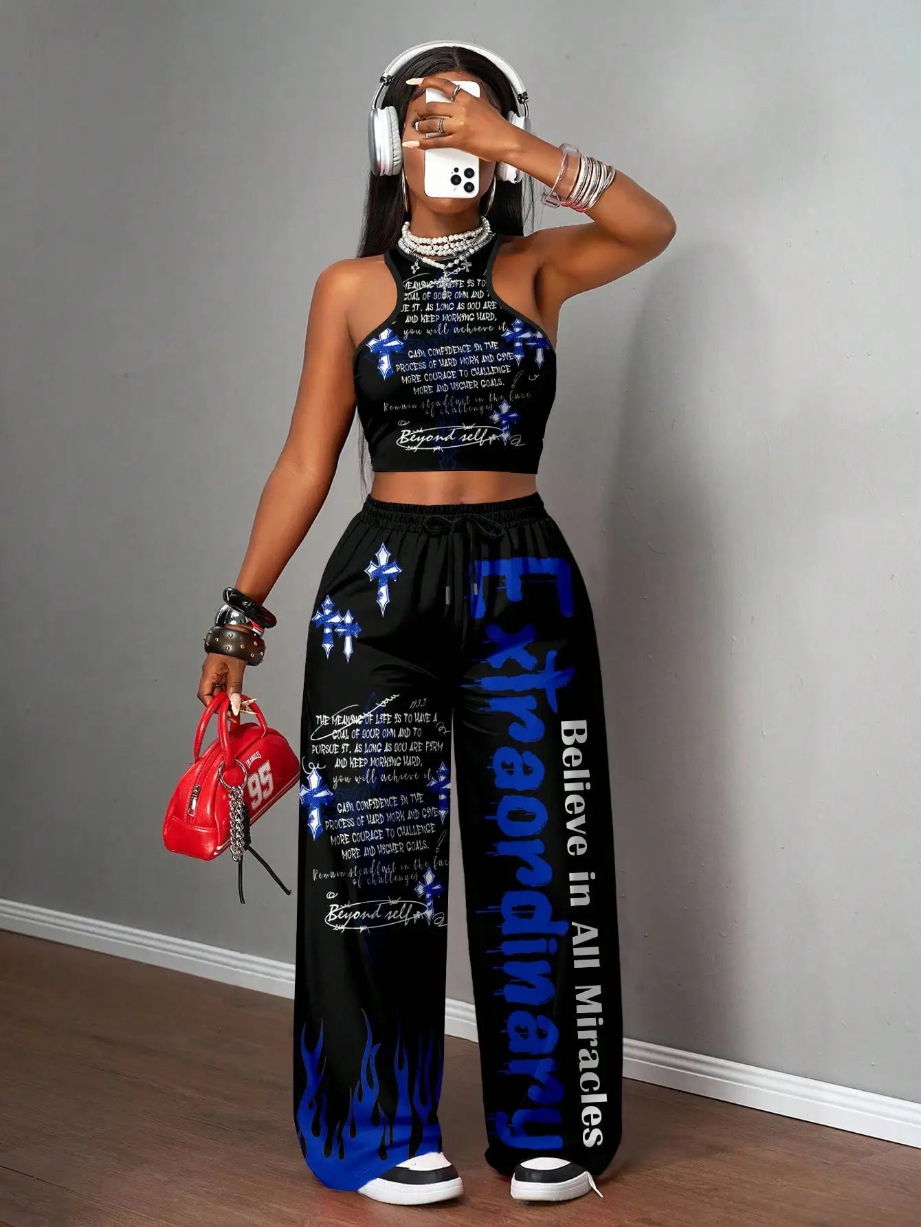 Slogan Graphic Racerback Crop Top & Wide Leg Pants Set for Streetwear, Y2K Style