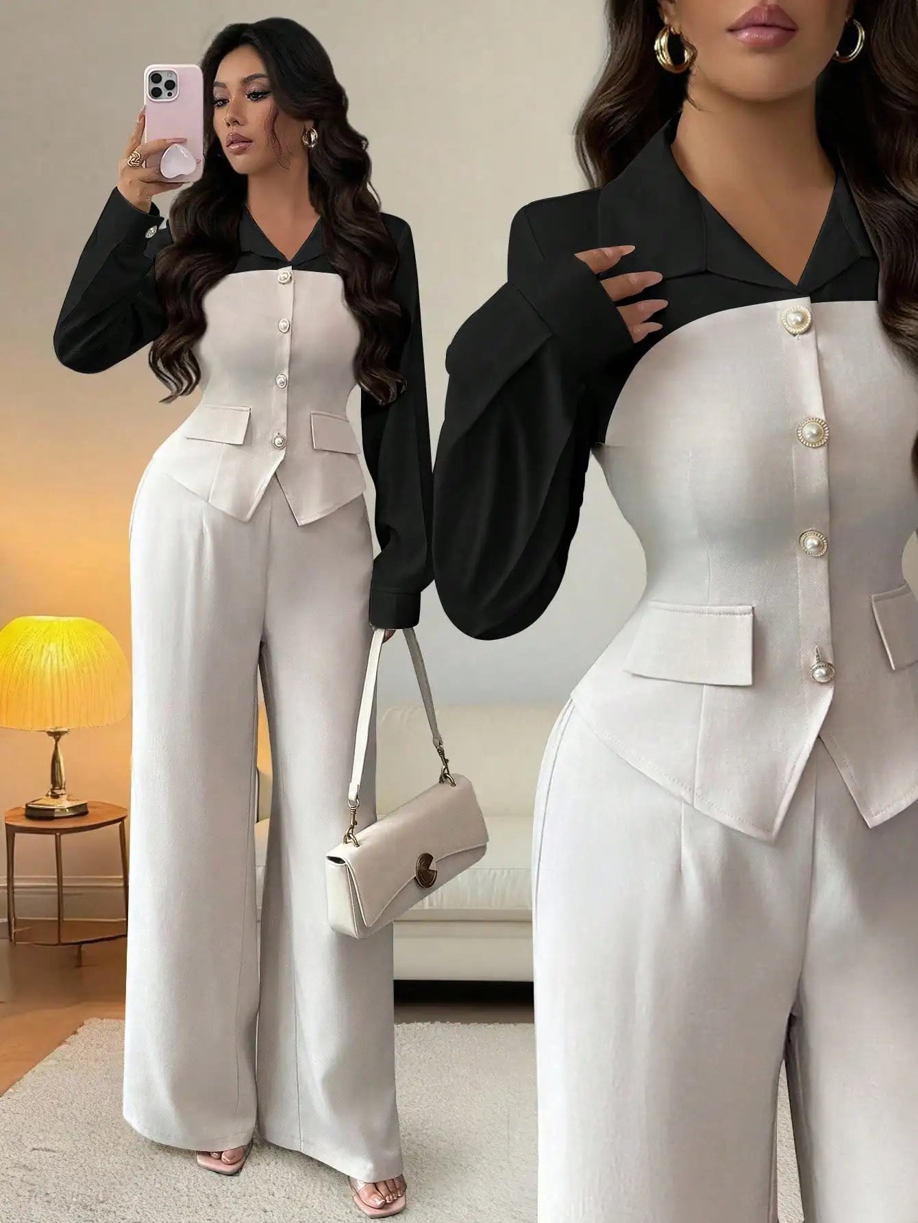 Elegant 2-Piece Suit with Pearl Buttons & Wide Leg Pants for Office or Casual Wear