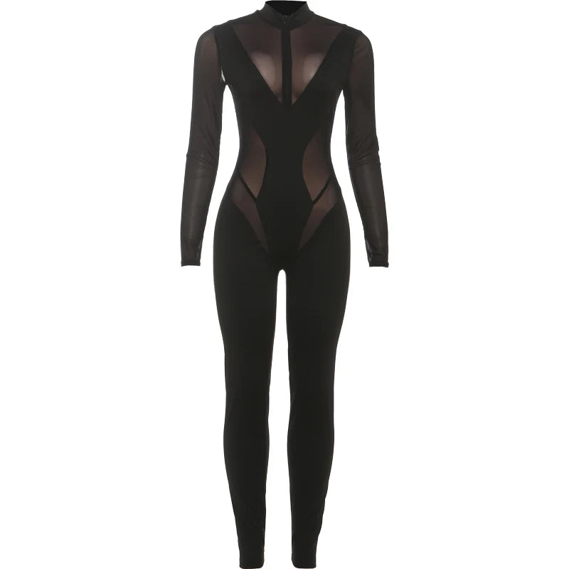 Whatiwear Sexy Mesh Patchwork Junpusits Women Zip Turtleneck Full Sleeve Skinny Peach Hip Midnigth Club Party Hipster Clothing