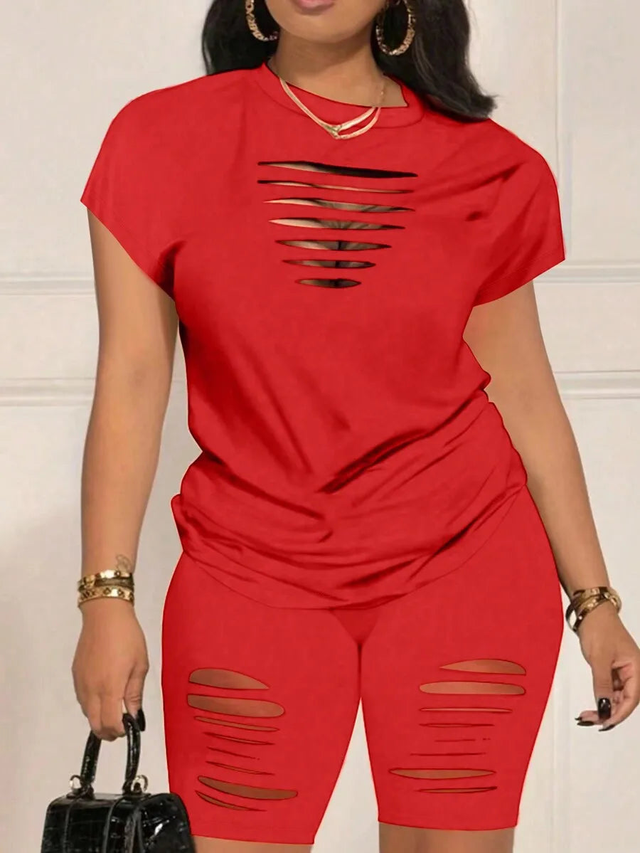 Orange Hollow Out Short Sleeve T-Shirt & Biker Shorts Set for Women, Casual Streetwear