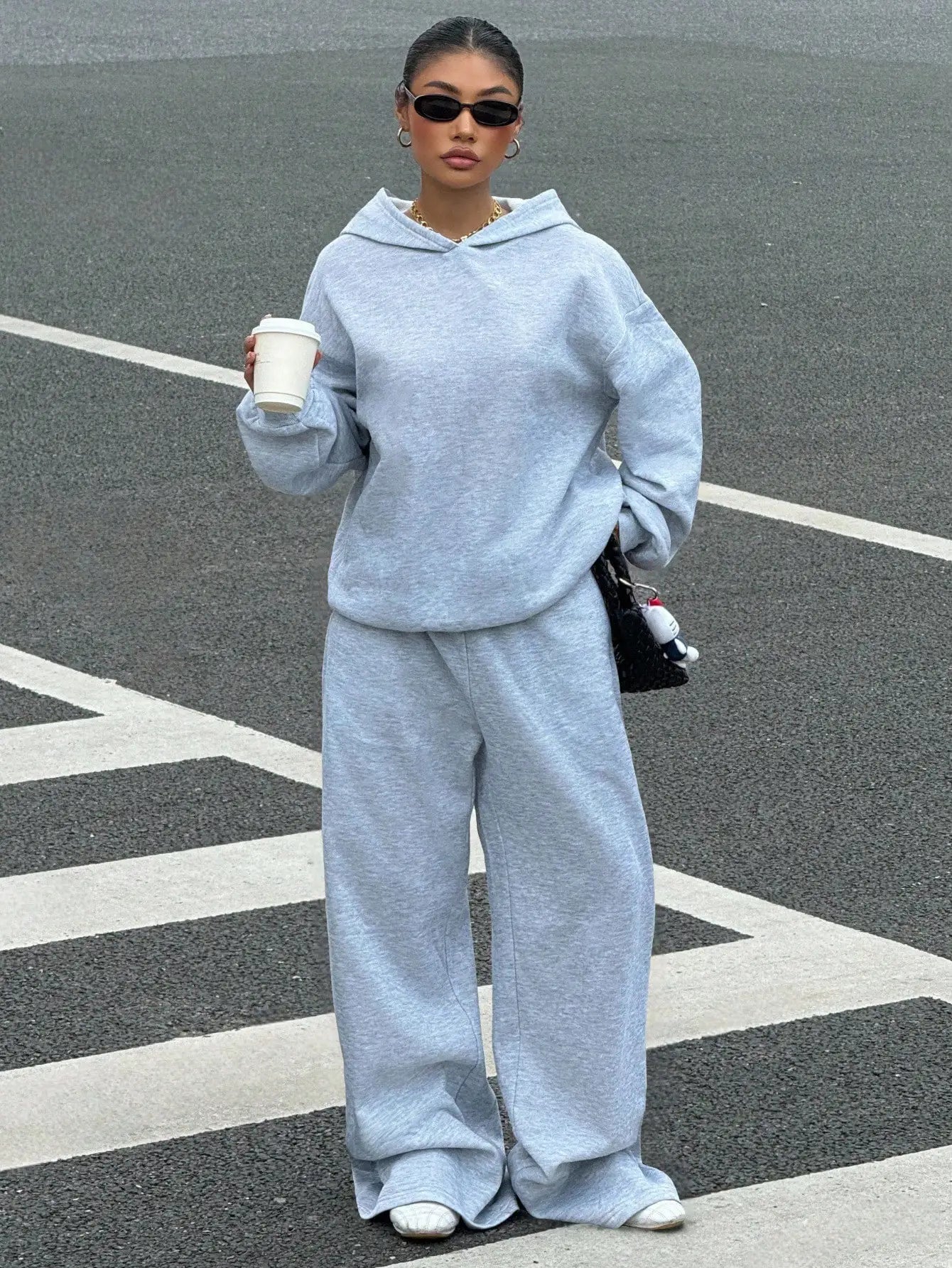 Women's Thermal Lined Hoodie & Sweatpants 2-Piece Set, Loose Fit, California Design, Grey