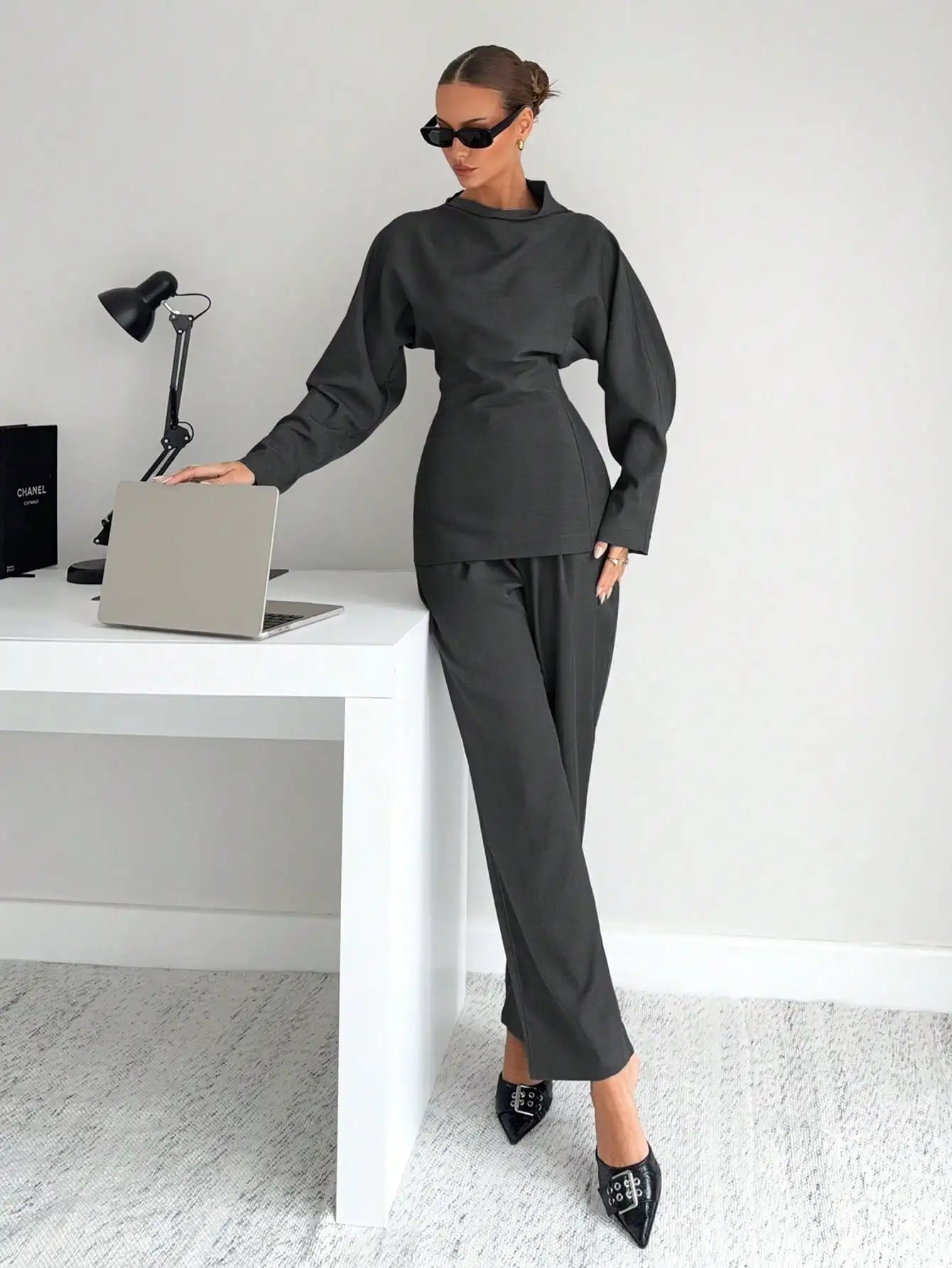 Grey 2-Piece Women's T-Shirt Set, Business Casual Office Wear, Modern Commuter Outfit for Winter