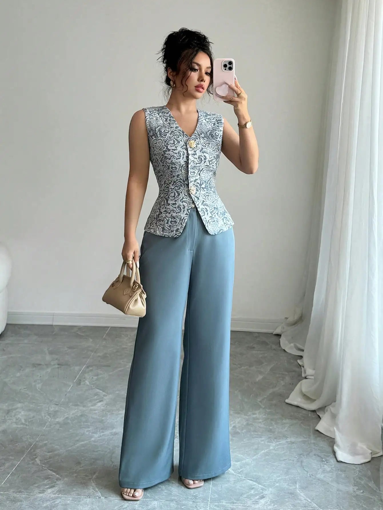 Elegant Blue 2-Piece Set for Women, Sleeveless Vest with Gold Buckle & Wide Leg Pants, Summer Casual Outfit