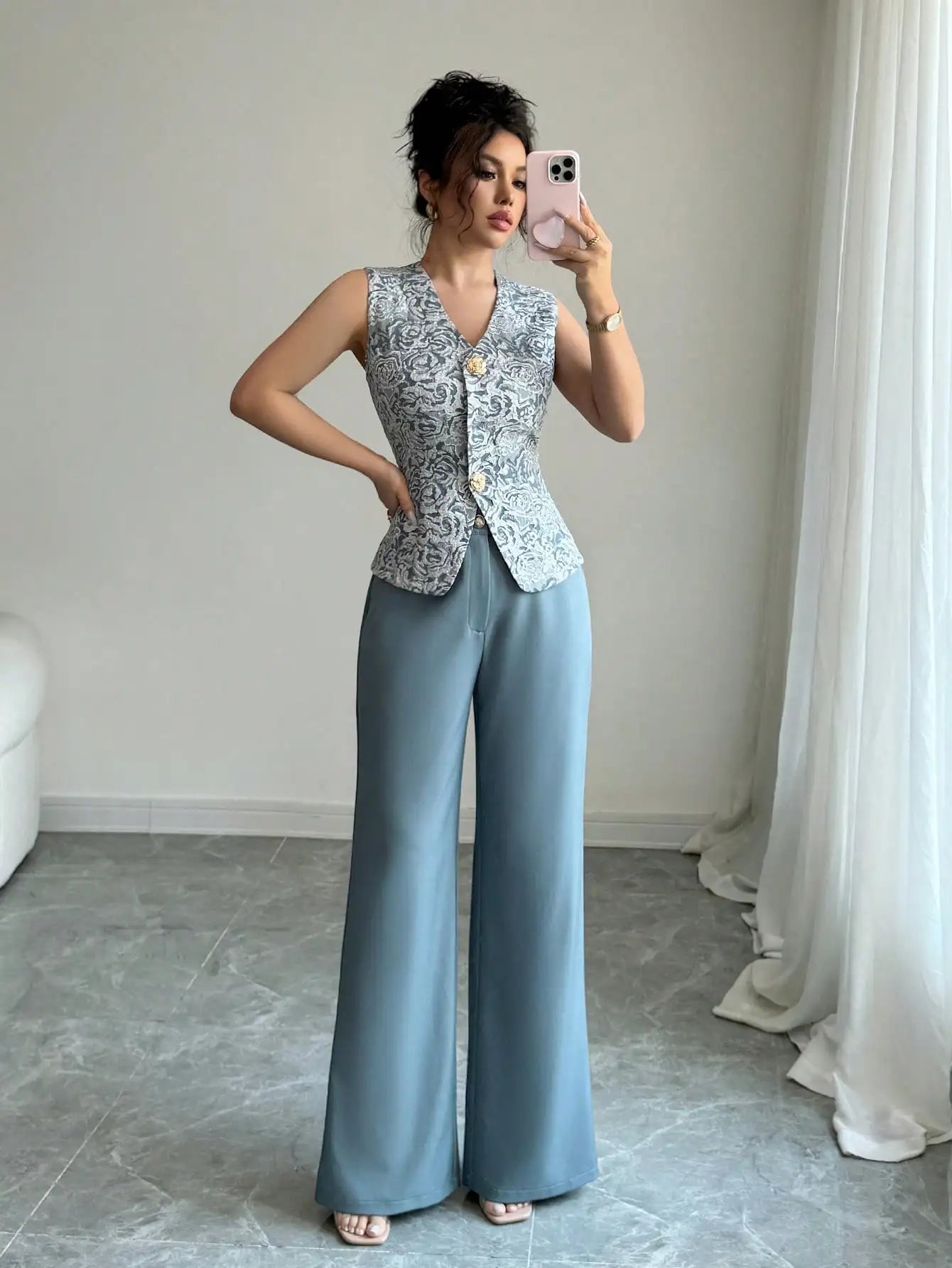 Elegant Blue 2-Piece Set for Women, Sleeveless Vest with Gold Buckle & Wide Leg Pants, Summer Casual Outfit