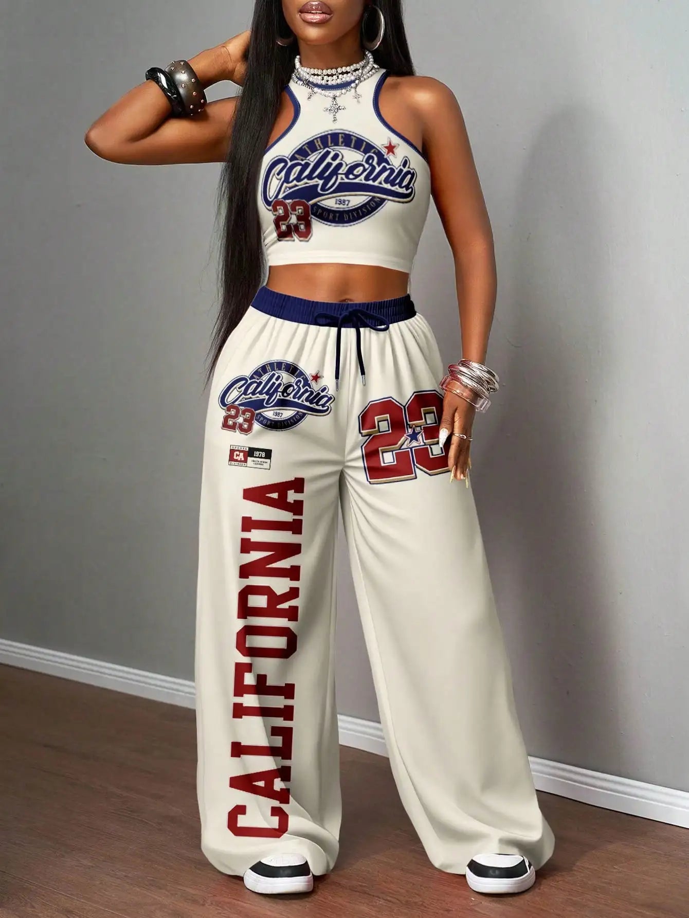 Women's California 23 Graphic Crop Top & Wide Leg Pants Set, Streetwear Casual Outfit