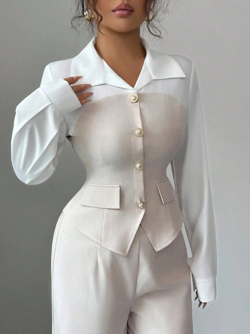 Elegant 2-Piece Suit with Pearl Buttons & Wide Leg Pants for Office or Casual Wear