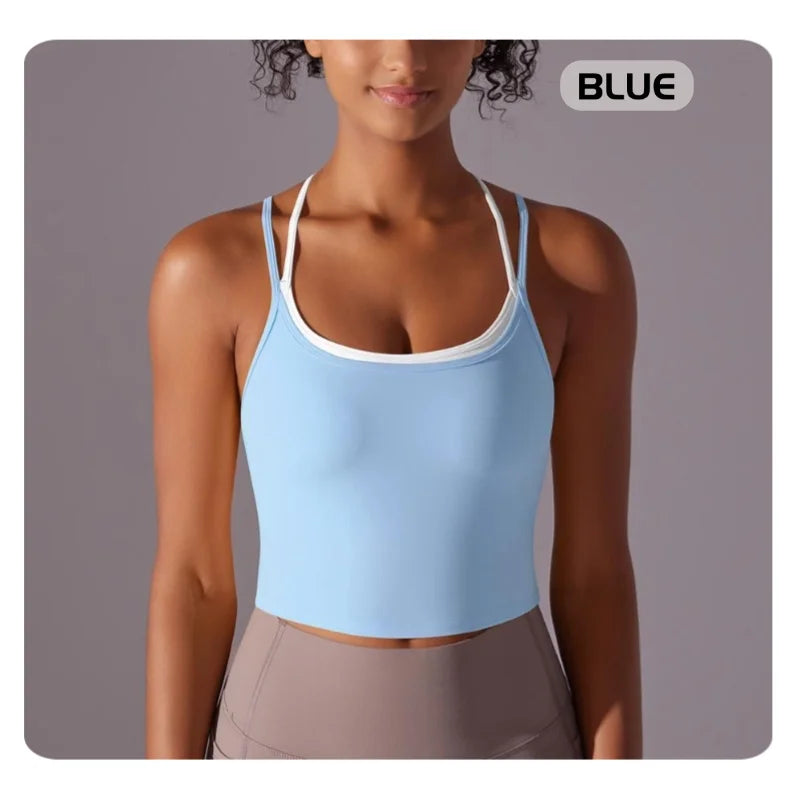 MIML Women's Cross-Back Double-Layer Nylon Sports Bra Color Block Sexy Running Fitness Yoga Activewear Underwear Crop Top