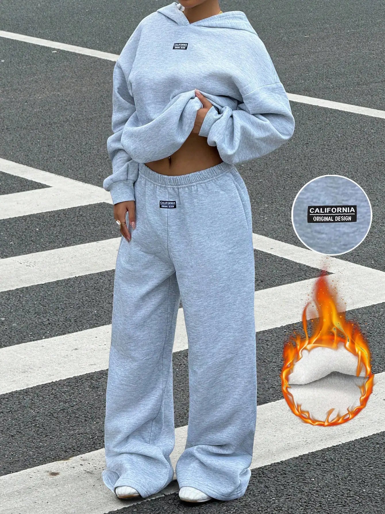 Women's Thermal Lined Hoodie & Sweatpants 2-Piece Set, Loose Fit, California Design, Grey