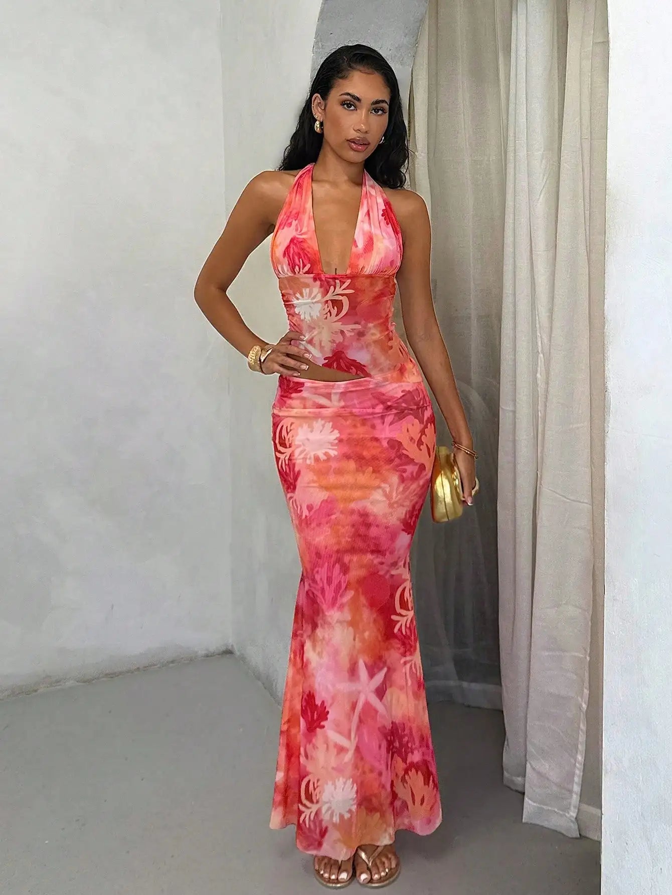 Floral Halter Neck Crop Top & Maxi Skirt Set, Beach Vacation Outfit with Cutout Back and Ruffle Hem