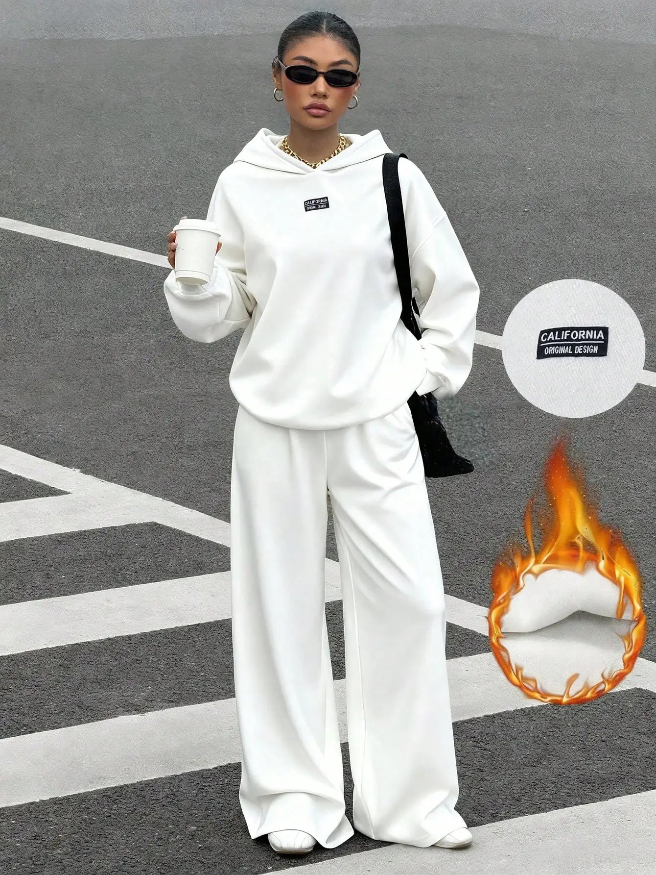 Women's Thermal Lined Hoodie & Sweatpants 2-Piece Set, Loose Fit, California Design, Grey