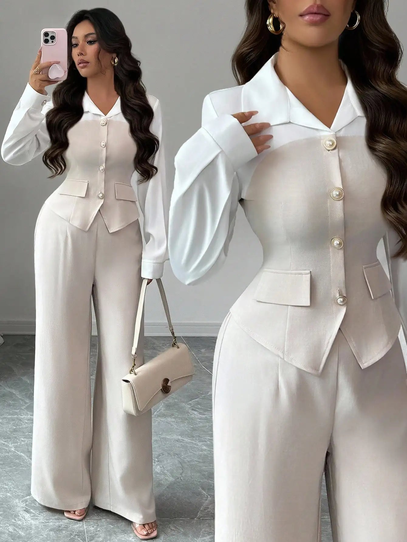 Elegant 2-Piece Suit with Pearl Buttons & Wide Leg Pants for Office or Casual Wear