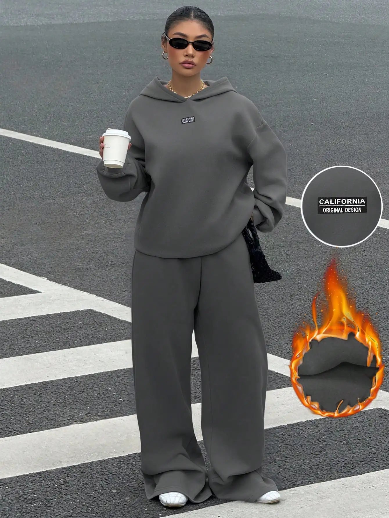 Women's Thermal Lined Hoodie & Sweatpants 2-Piece Set, Loose Fit, California Design, Grey