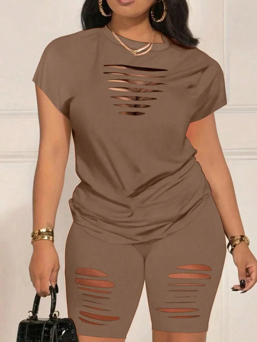 Orange Hollow Out Short Sleeve T-Shirt & Biker Shorts Set for Women, Casual Streetwear