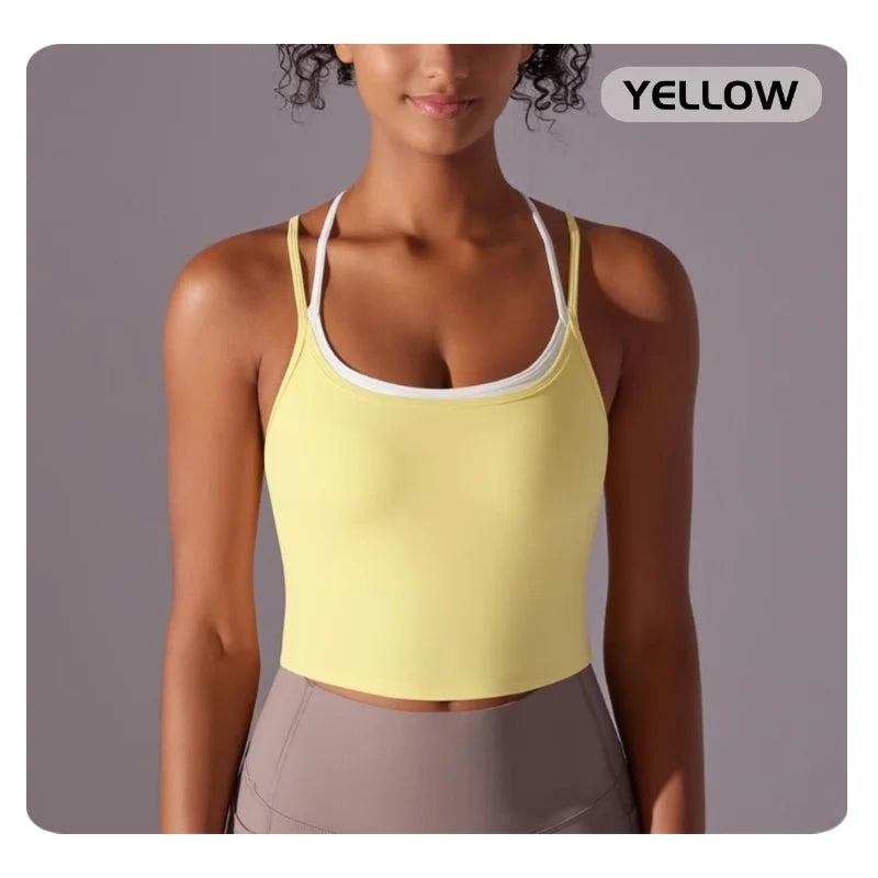 MIML Women's Cross-Back Double-Layer Nylon Sports Bra Color Block Sexy Running Fitness Yoga Activewear Underwear Crop Top