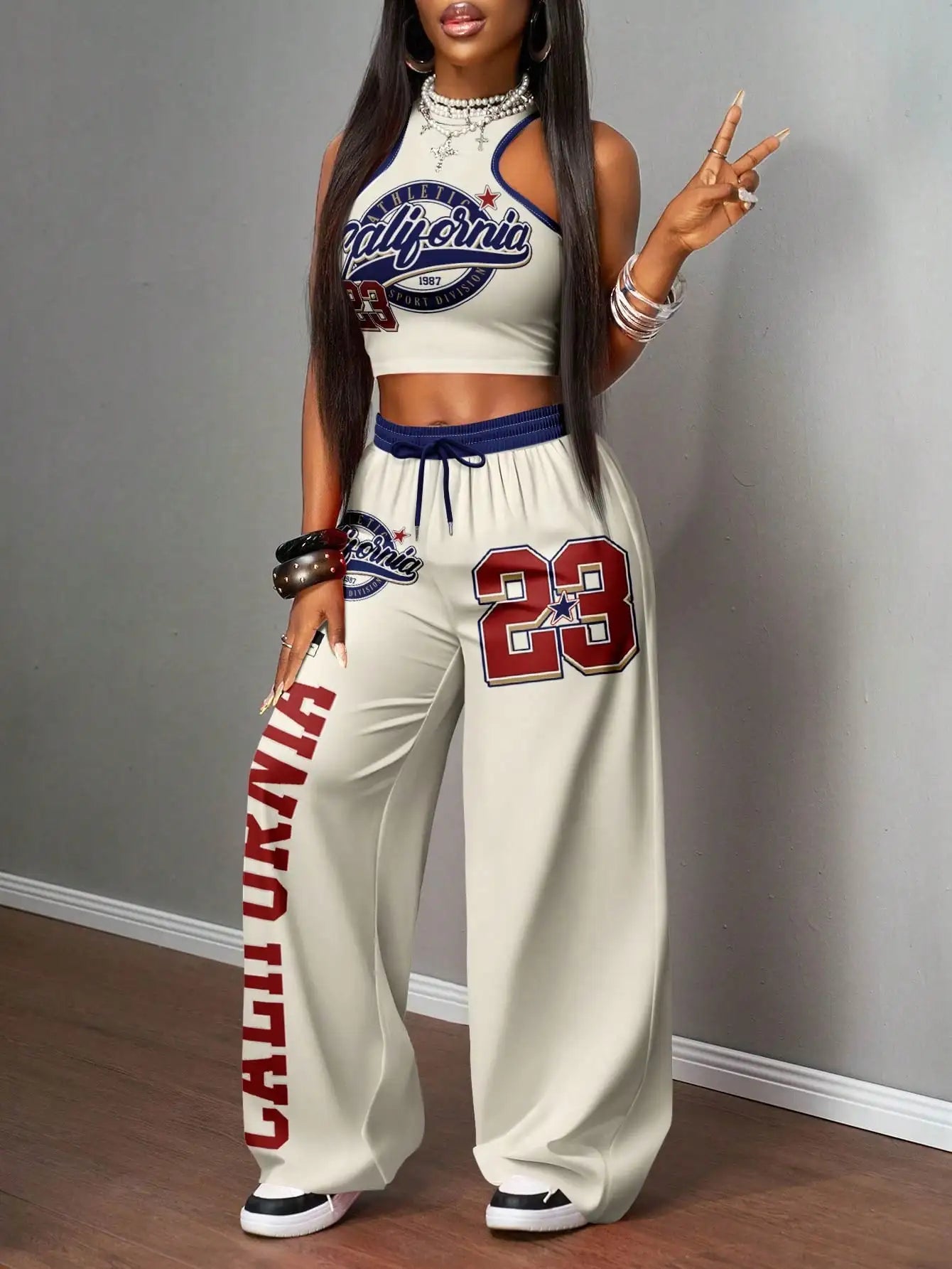 Women's California 23 Graphic Crop Top & Wide Leg Pants Set, Streetwear Casual Outfit