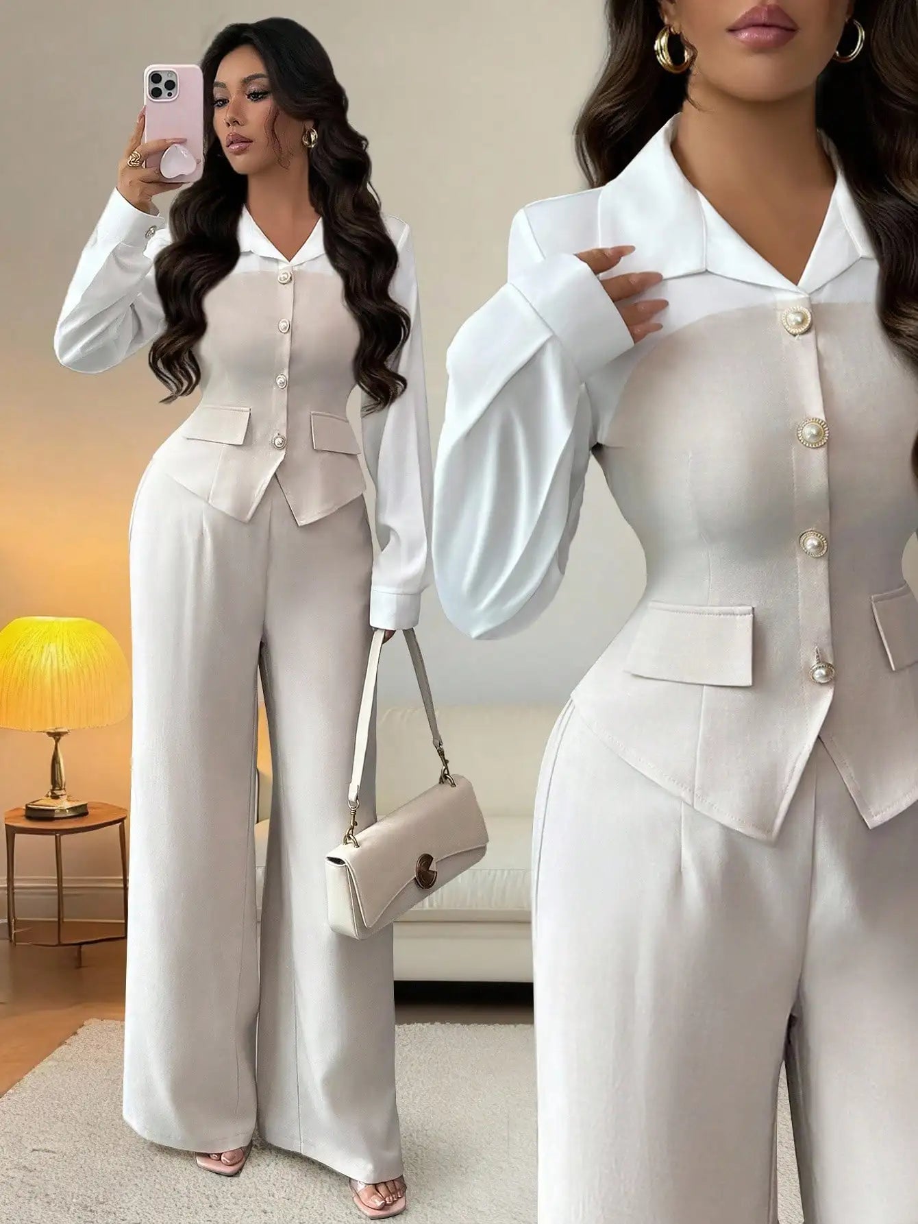 Elegant 2-Piece Suit with Pearl Buttons & Wide Leg Pants for Office or Casual Wear