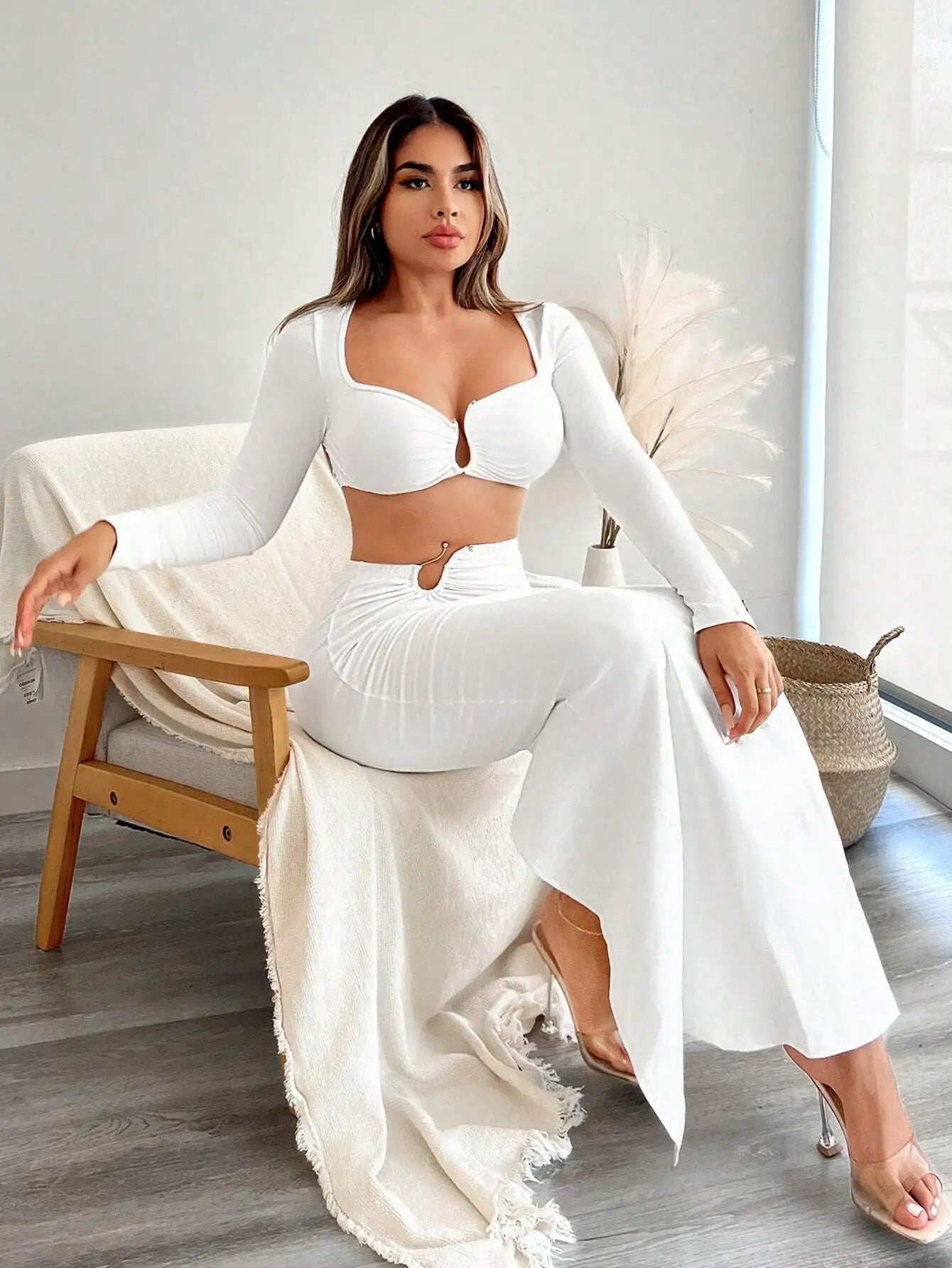 White Long Sleeve Crop Top & High Waist Wide Leg Pants Two Piece Set for Women