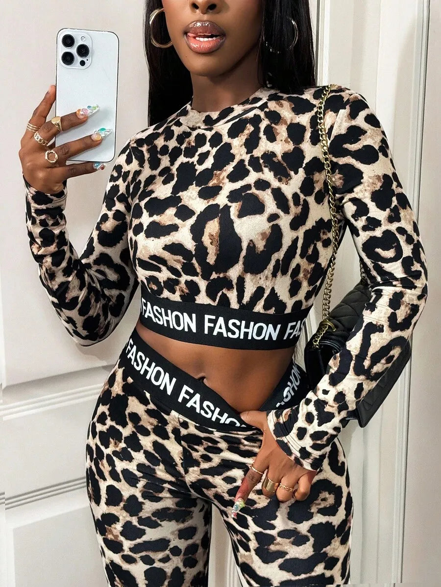 Leopard Print 2-Piece Women's Matching Set with 'FASHION' Waistband, Long Sleeve Crop Top & Leggings