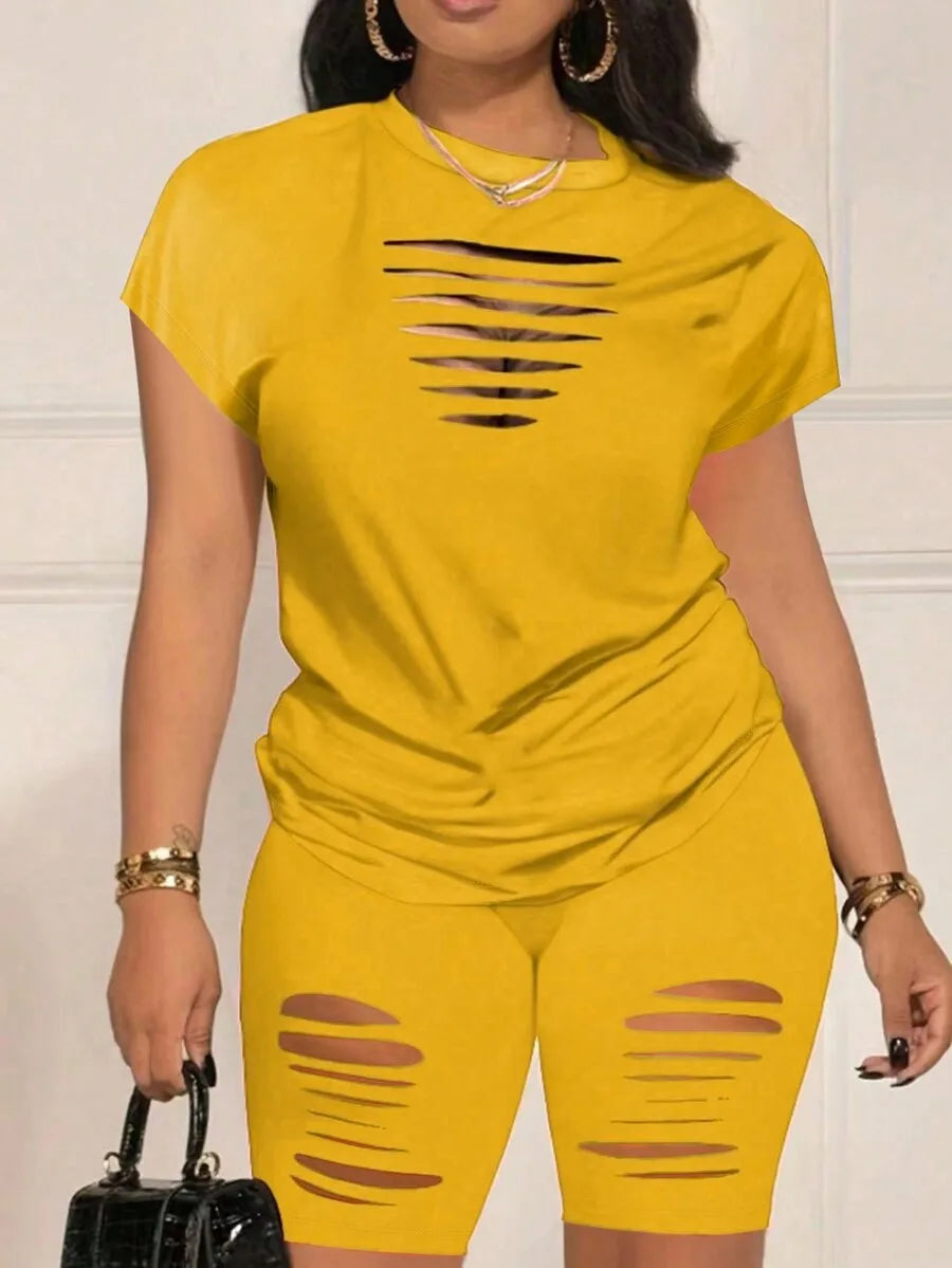 Orange Hollow Out Short Sleeve T-Shirt & Biker Shorts Set for Women, Casual Streetwear