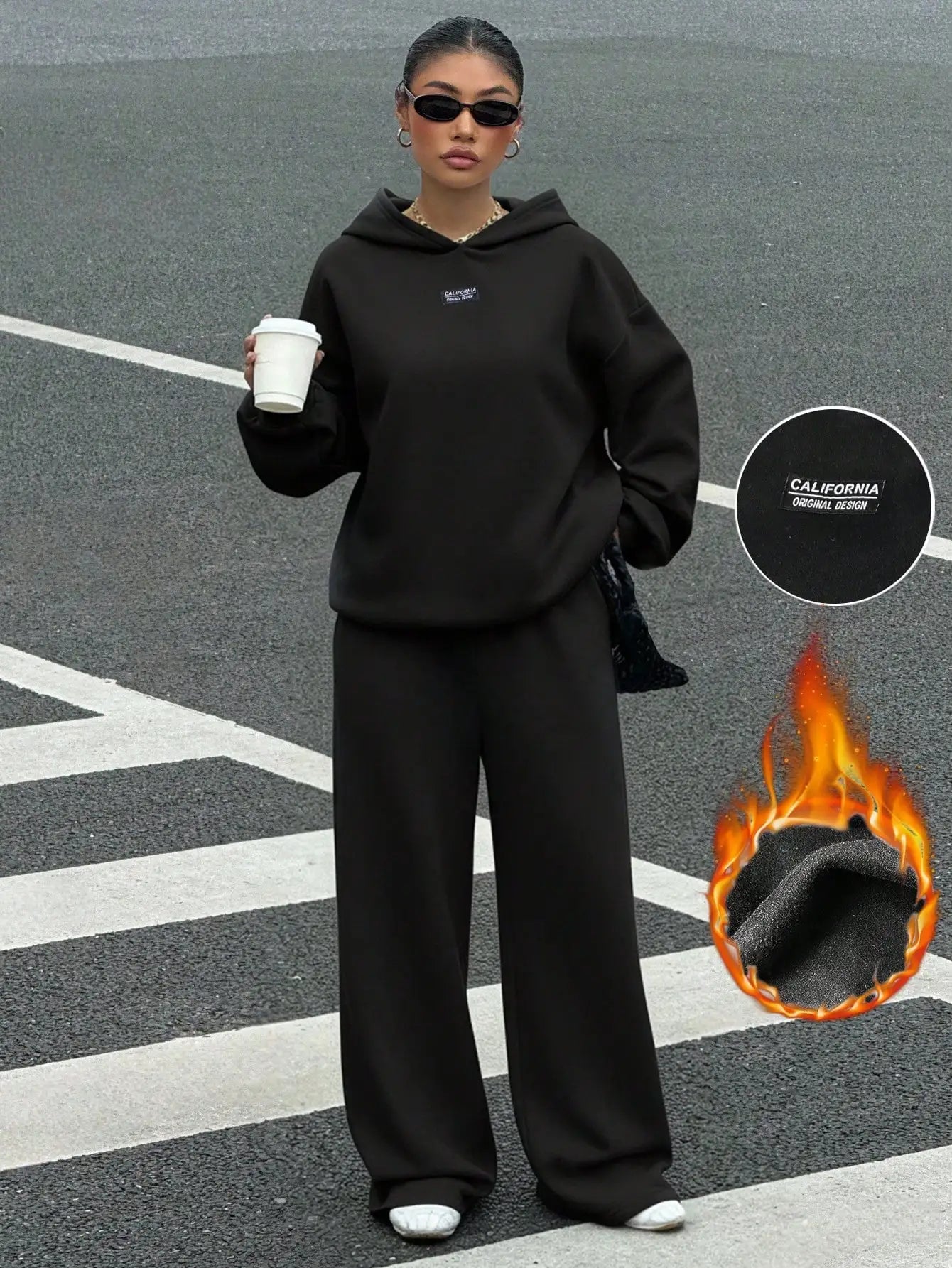 Women's Thermal Lined Hoodie & Sweatpants 2-Piece Set, Loose Fit, California Design, Grey