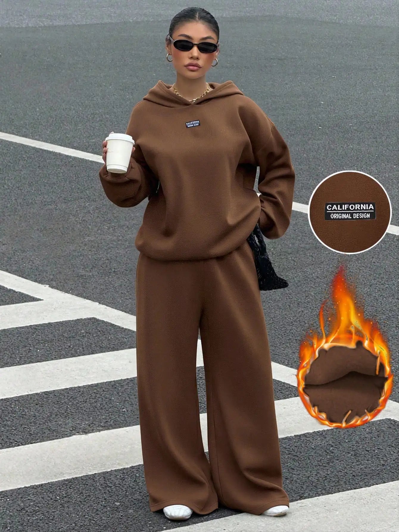 Women's Thermal Lined Hoodie & Sweatpants 2-Piece Set, Loose Fit, California Design, Grey