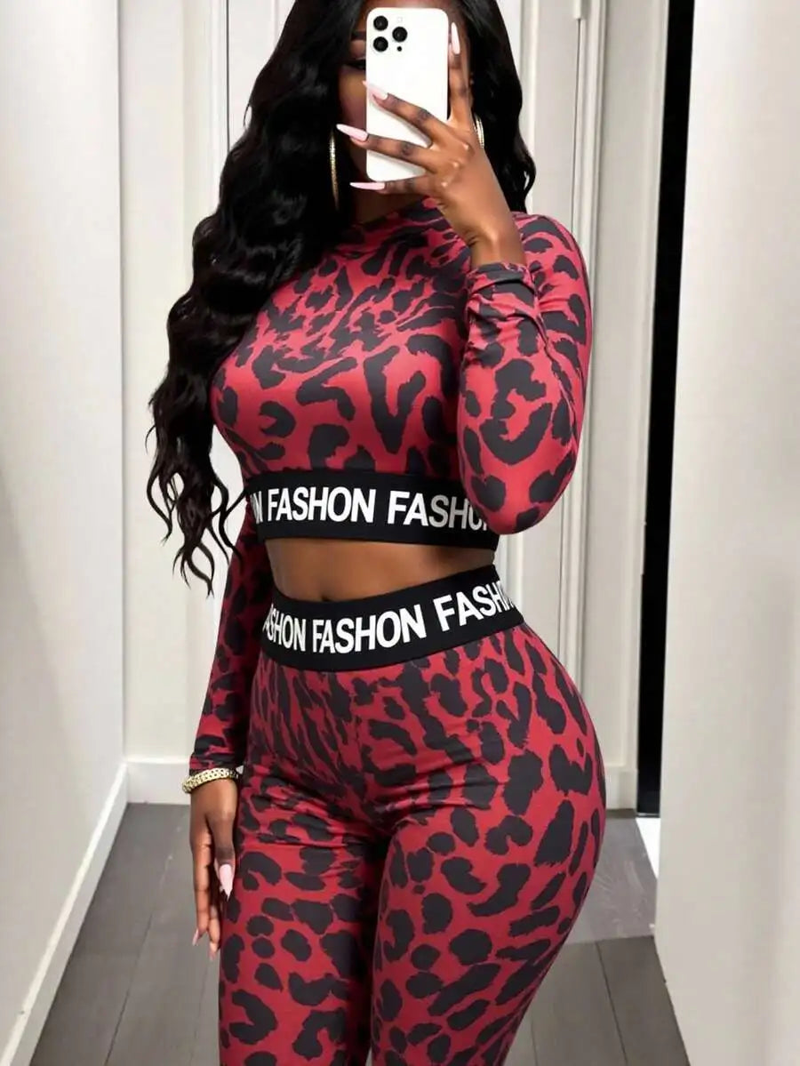 Leopard Print 2-Piece Women's Matching Set with 'FASHION' Waistband, Long Sleeve Crop Top & Leggings