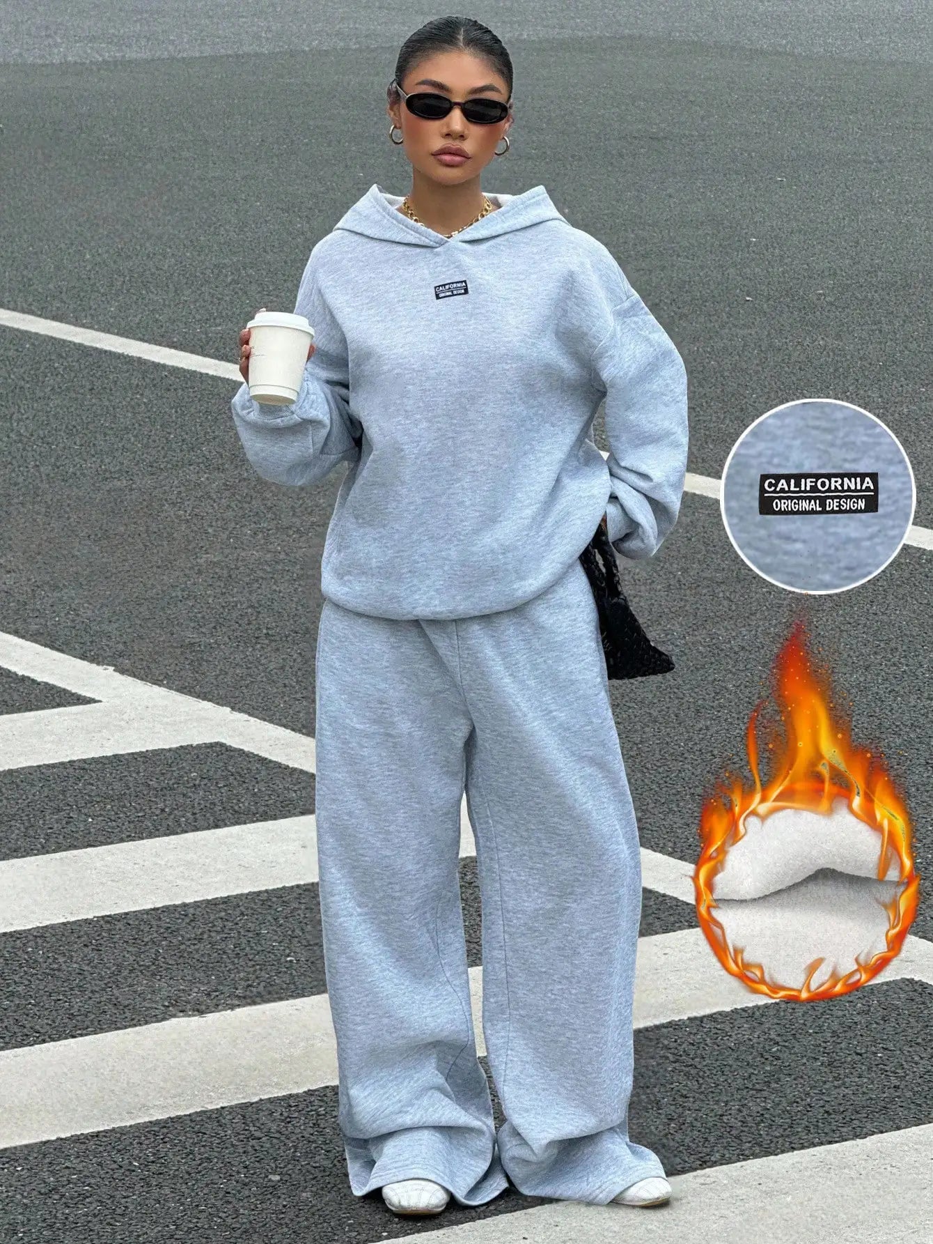 Women's Thermal Lined Hoodie & Sweatpants 2-Piece Set, Loose Fit, California Design, Grey