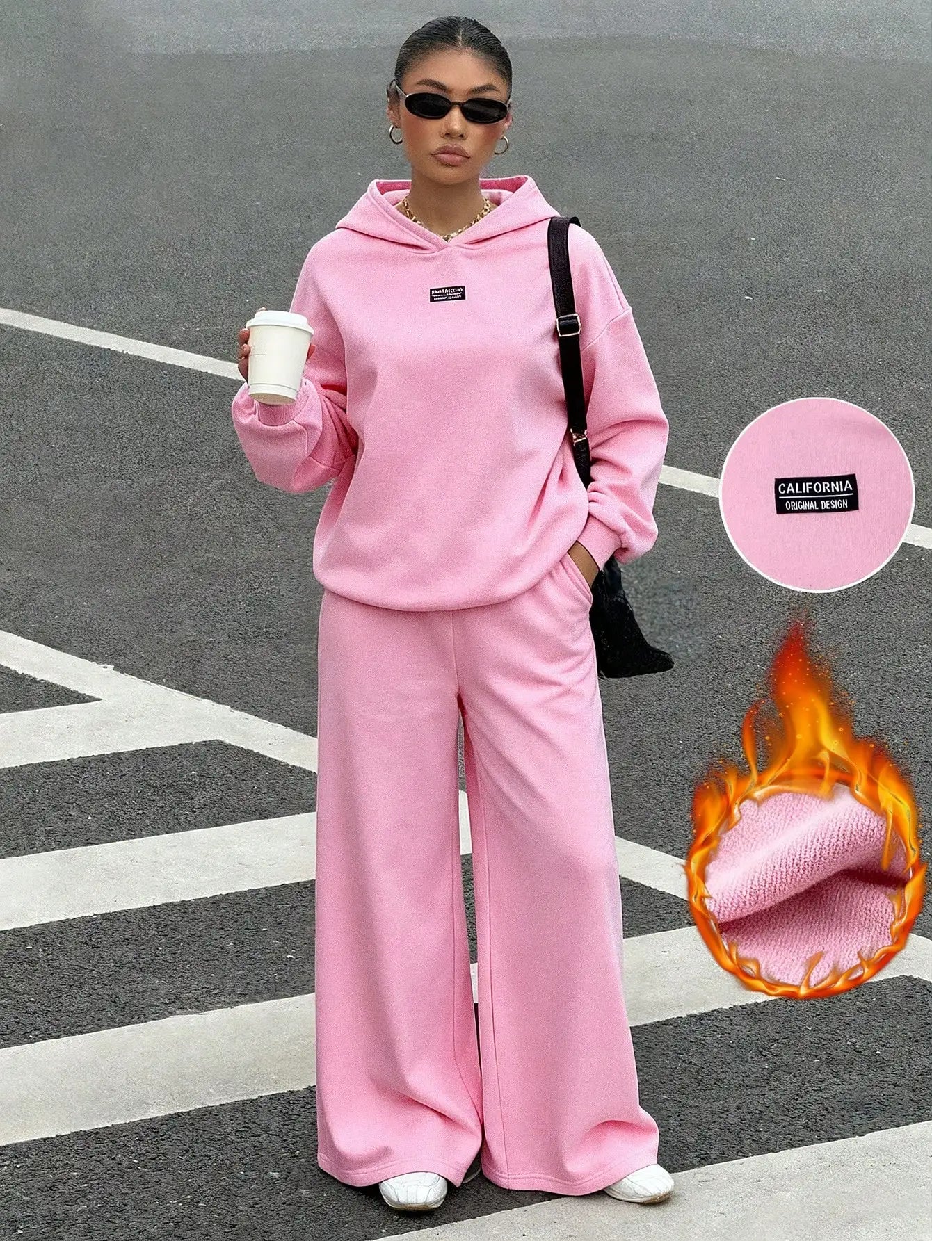 Women's Thermal Lined Hoodie & Sweatpants 2-Piece Set, Loose Fit, California Design, Grey