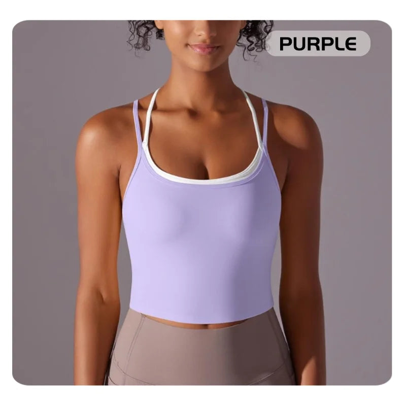 MIML Women's Cross-Back Double-Layer Nylon Sports Bra Color Block Sexy Running Fitness Yoga Activewear Underwear Crop Top