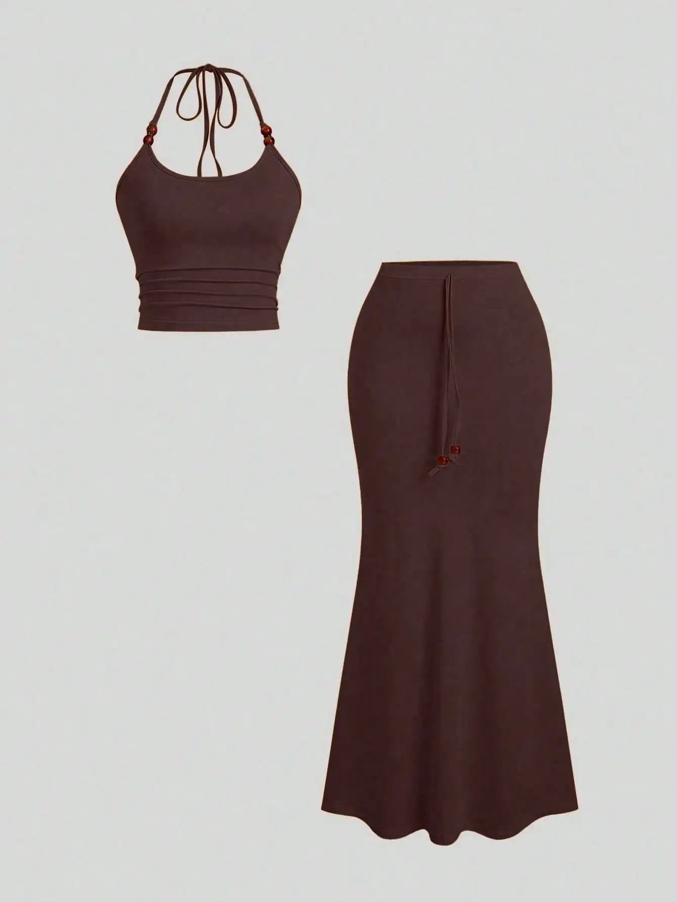 Women's Orange Halter Top & Bodycon Mermaid Skirt 2-Piece Set with Beaded Straps