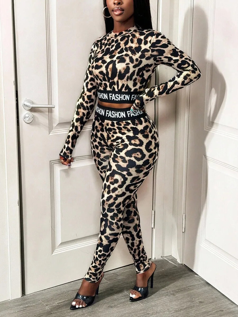 Leopard Print 2-Piece Women's Matching Set with 'FASHION' Waistband, Long Sleeve Crop Top & Leggings