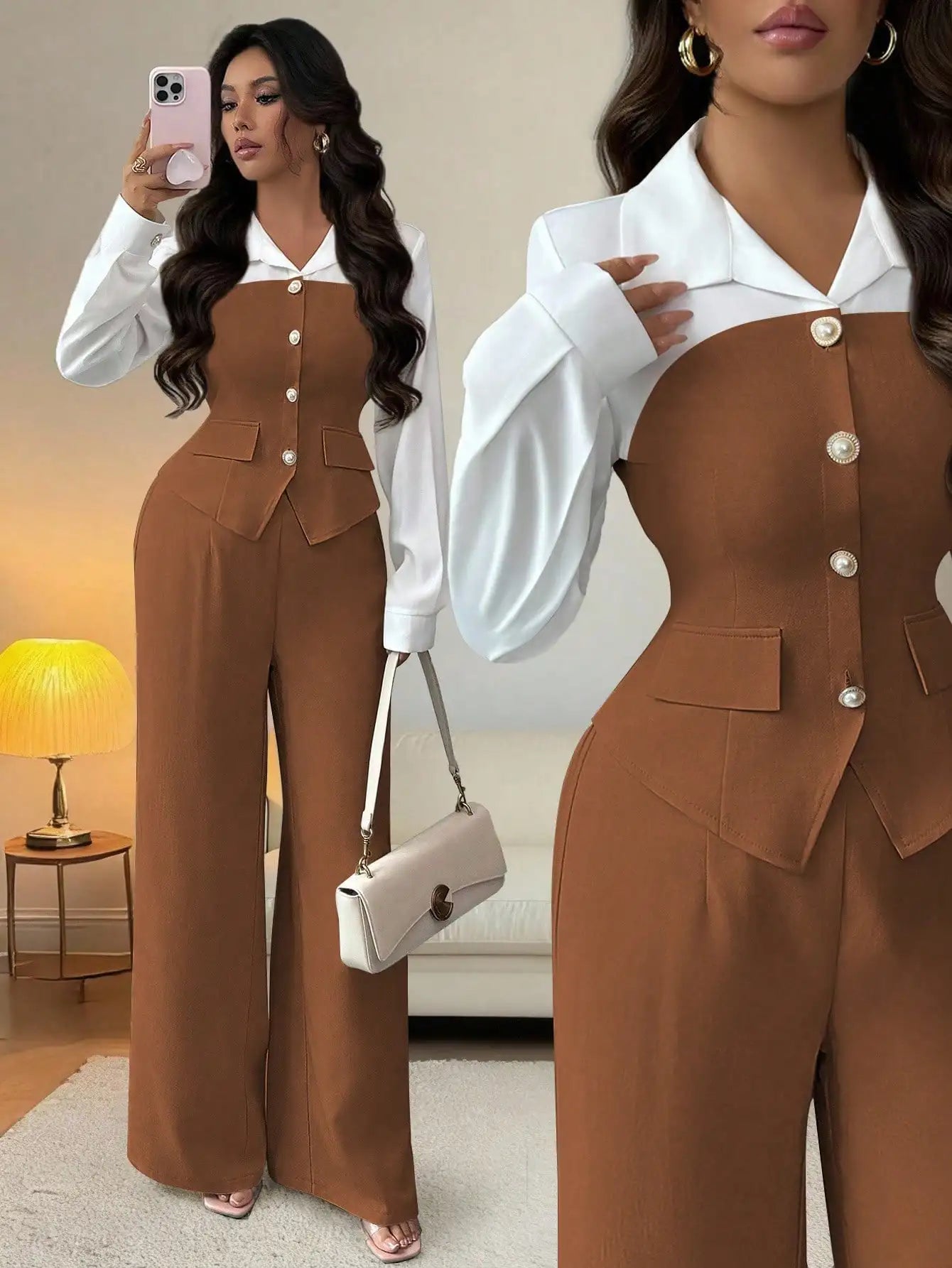 Elegant 2-Piece Suit with Pearl Buttons & Wide Leg Pants for Office or Casual Wear