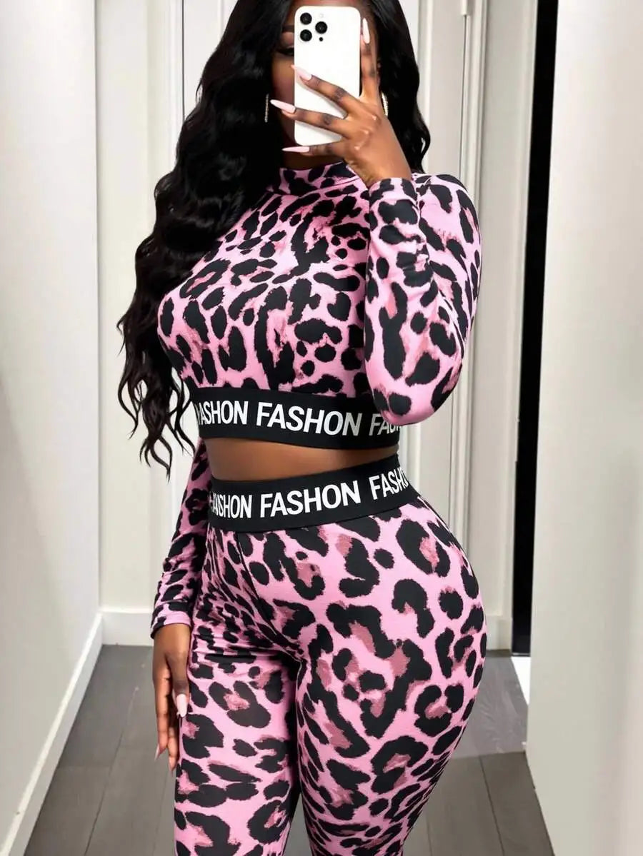 Leopard Print 2-Piece Women's Matching Set with 'FASHION' Waistband, Long Sleeve Crop Top & Leggings
