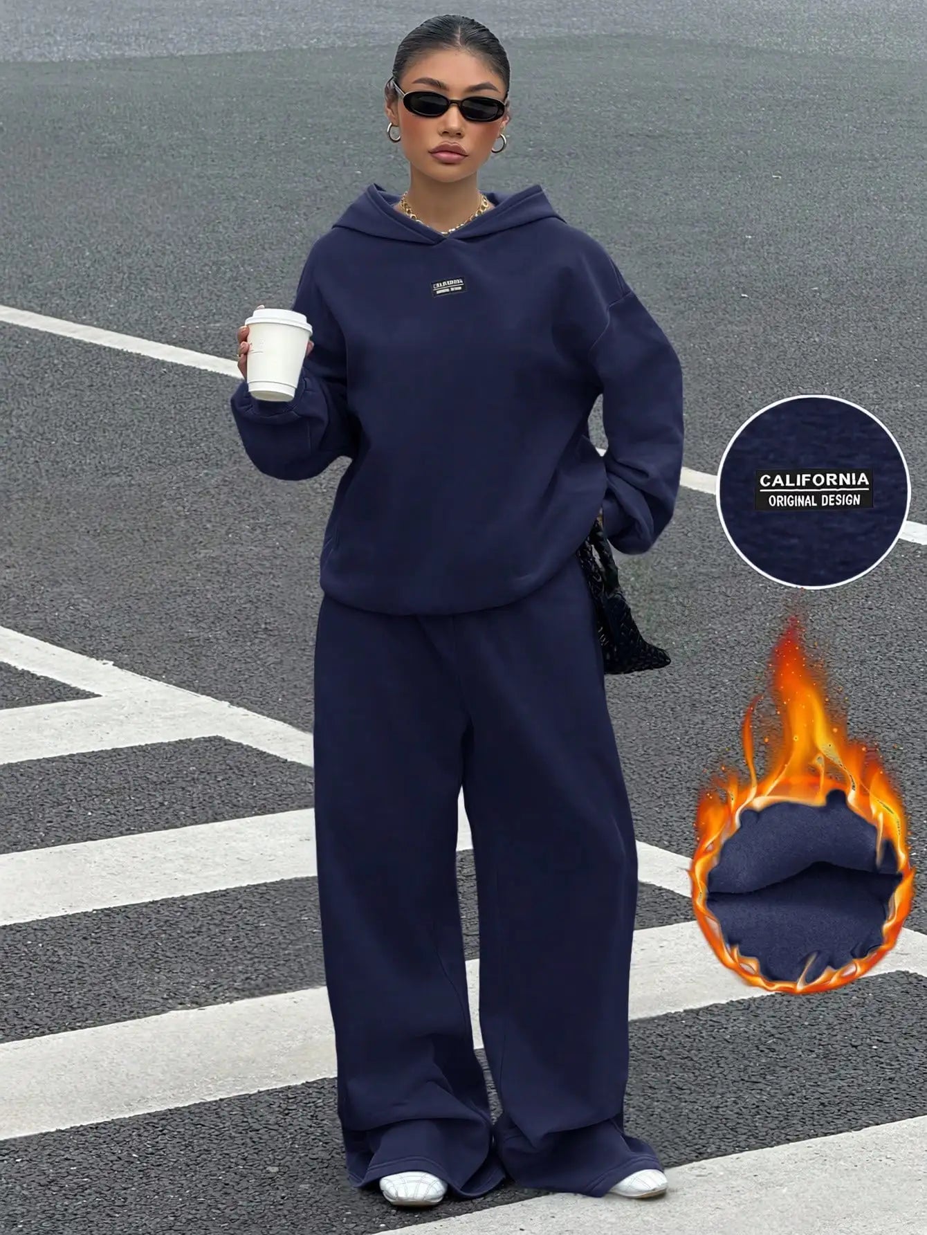 Women's Thermal Lined Hoodie & Sweatpants 2-Piece Set, Loose Fit, California Design, Grey