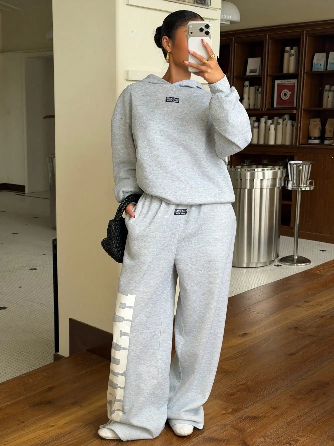 Women's Thermal Lined Hoodie & Sweatpants 2-Piece Set, Loose Fit, California Design, Grey