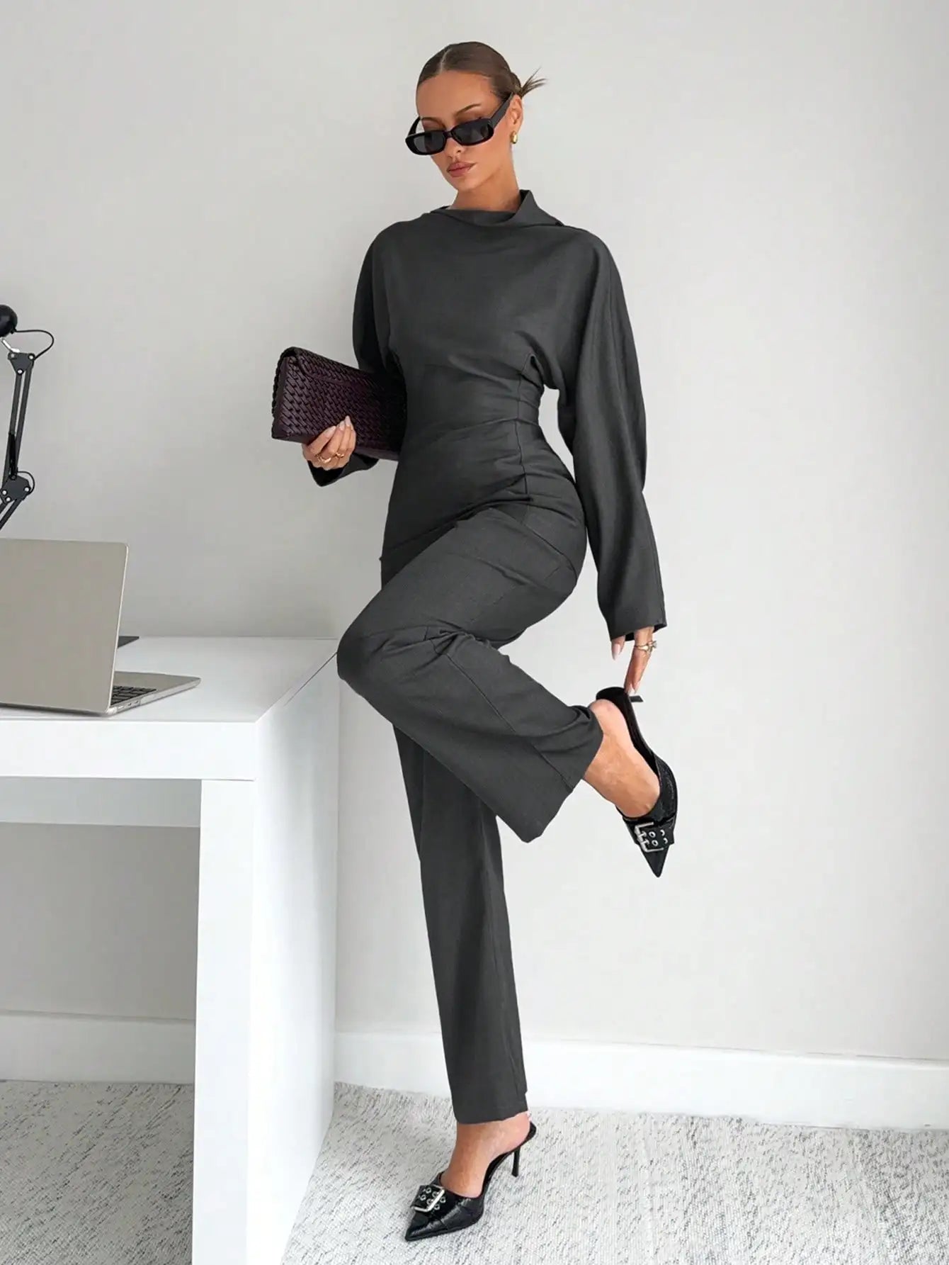 Grey 2-Piece Women's T-Shirt Set, Business Casual Office Wear, Modern Commuter Outfit for Winter