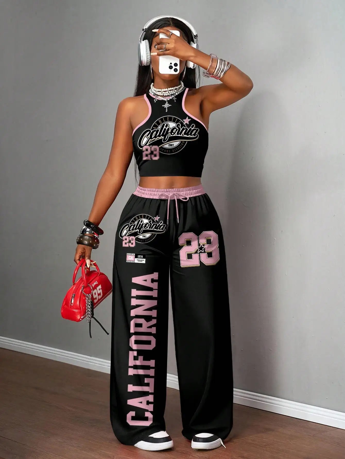 Women's California 23 Graphic Crop Top & Wide Leg Pants Set, Streetwear Casual Outfit