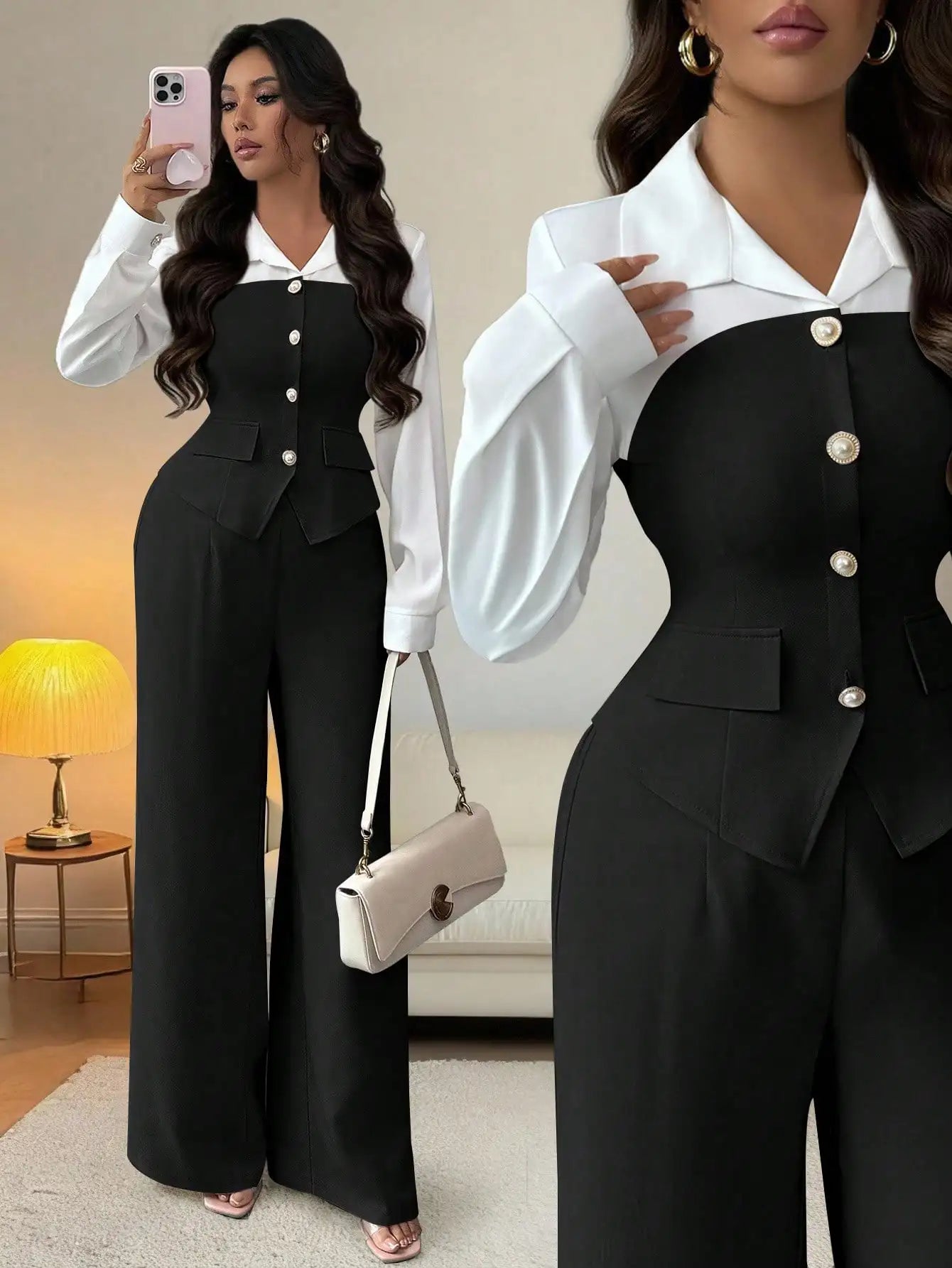 Elegant 2-Piece Suit with Pearl Buttons & Wide Leg Pants for Office or Casual Wear