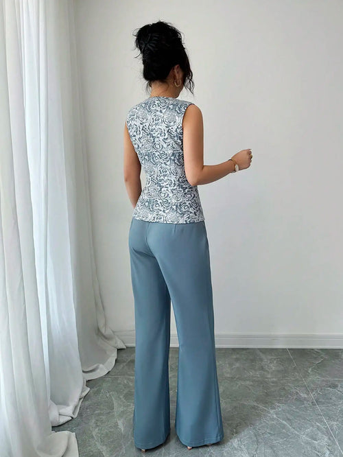 Elegant Blue 2-Piece Set for Women, Sleeveless Vest with Gold Buckle & Wide Leg Pants, Summer Casual Outfit