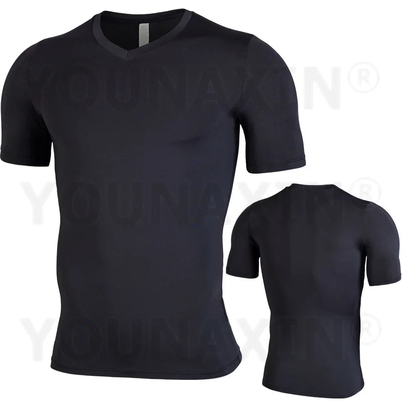 Men's Running Yoga Gym Fitness Training Sports Skinny Tight Base Layer V-neck Short Sleeves T-Shirt Top Sportwear Activewear