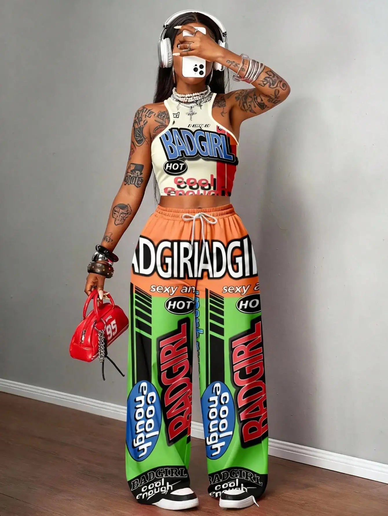 Slogan Graphic Racerback Crop Top & Wide Leg Pants Set for Streetwear, Y2K Style