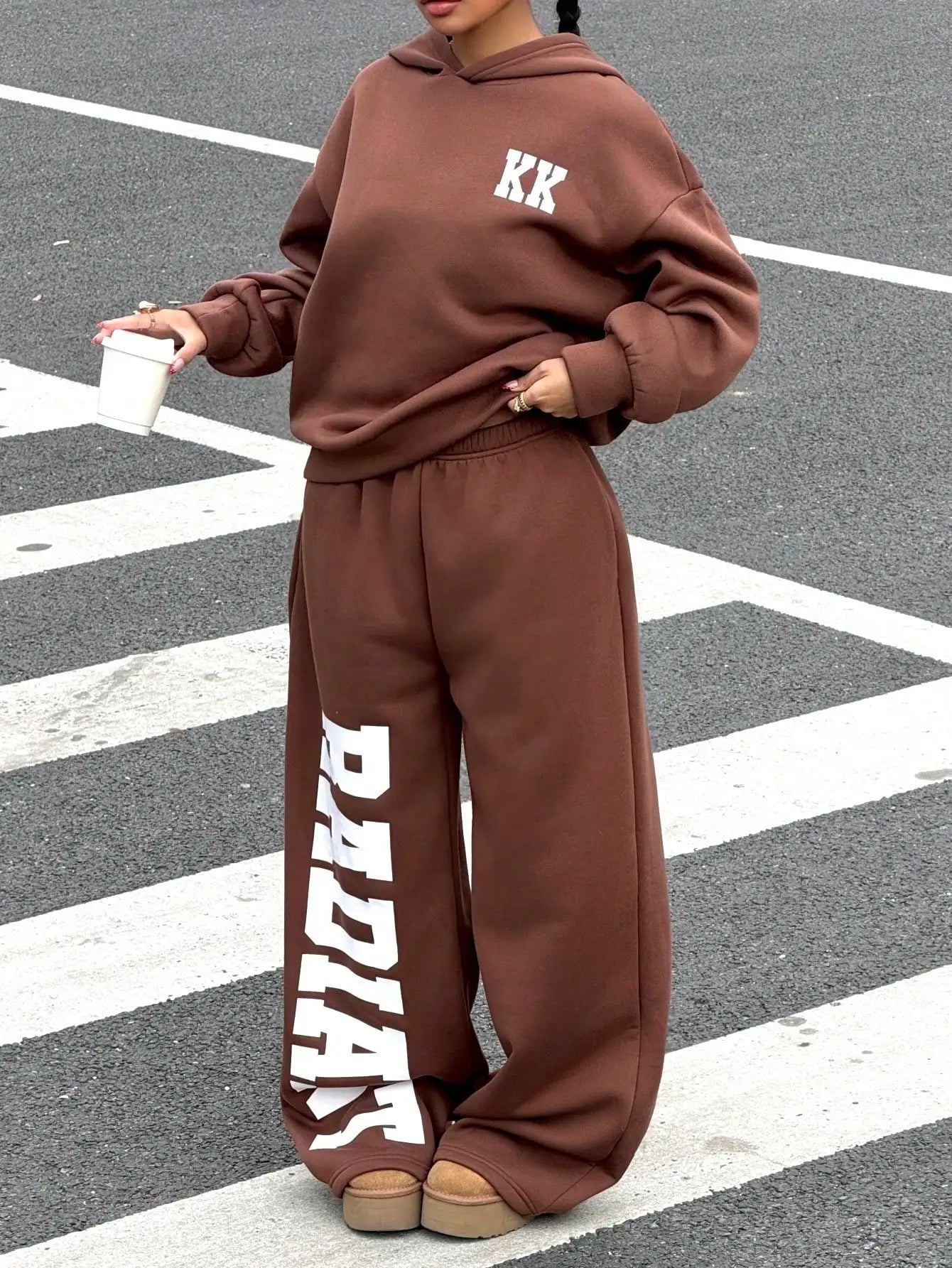 Women's Thermal Lined Hoodie & Sweatpants 2-Piece Set, Loose Fit, California Design, Grey