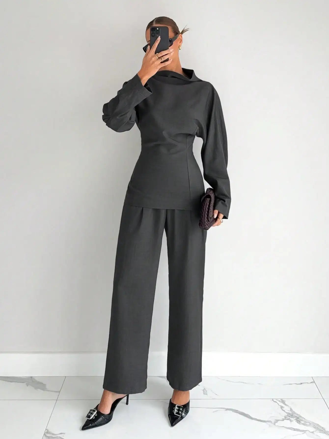 Grey 2-Piece Women's T-Shirt Set, Business Casual Office Wear, Modern Commuter Outfit for Winter