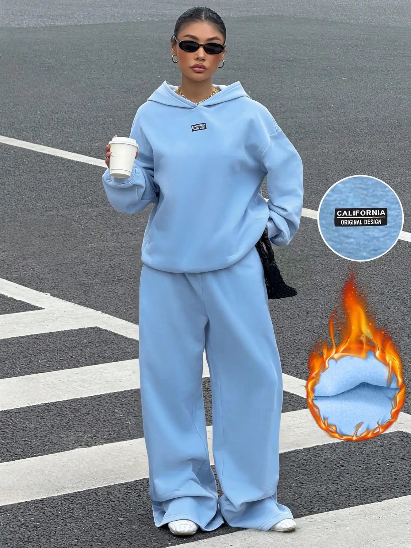 Women's Thermal Lined Hoodie & Sweatpants 2-Piece Set, Loose Fit, California Design, Grey