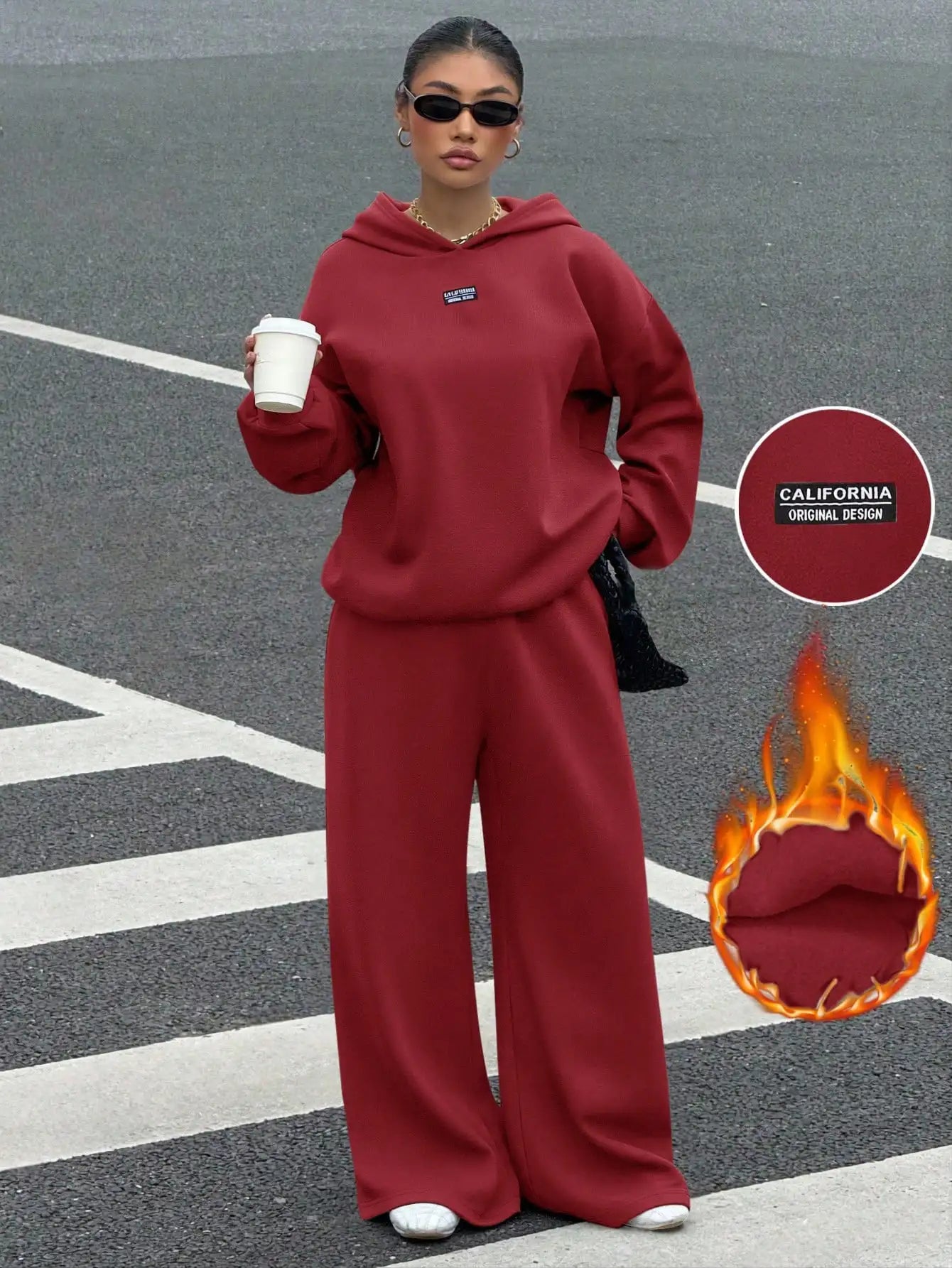 Women's Thermal Lined Hoodie & Sweatpants 2-Piece Set, Loose Fit, California Design, Grey